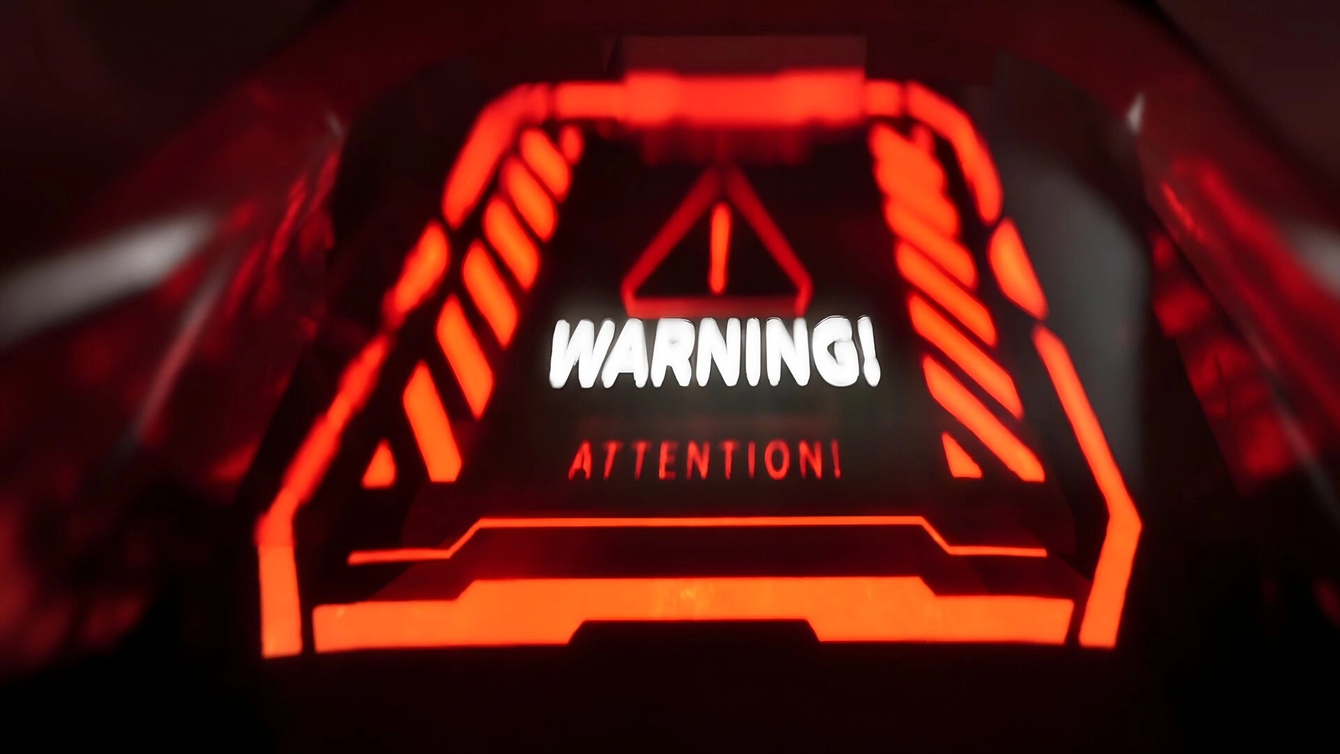 SPACE WALK: Red warning alert panel with hazard icon and “WARNING! ATTENTION!” inside station corridor.