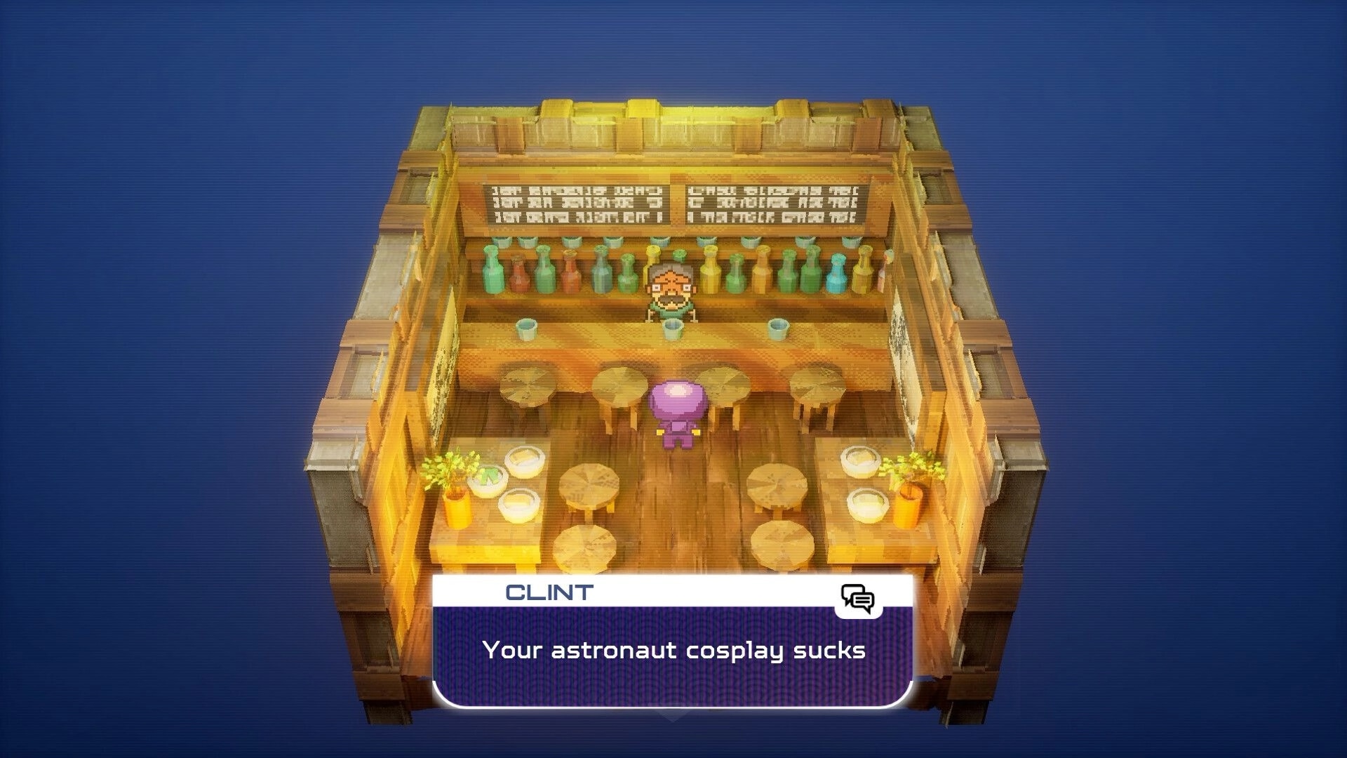 Spaceman Memories: Clint insults the player in dialogue box inside a cozy wooden bar with stools.