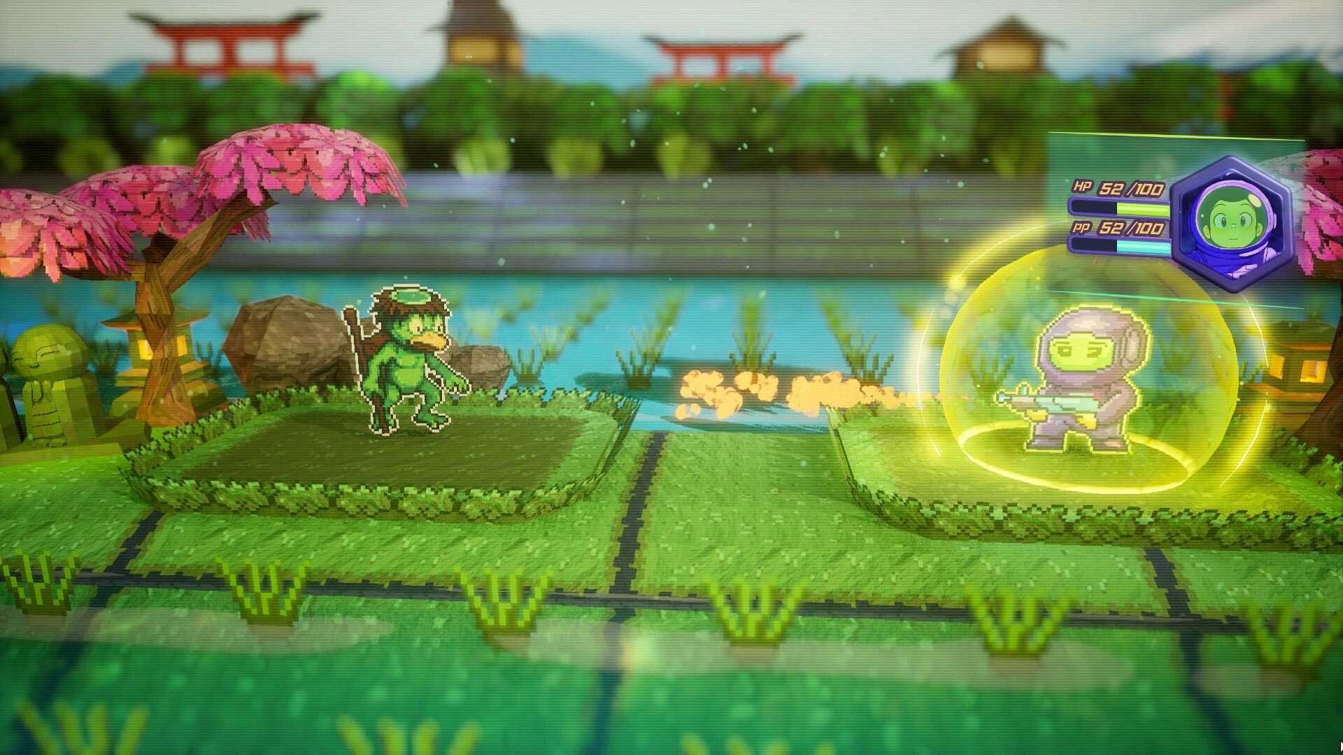 Spaceman Memories: Turn-based battle with astronaut in shield facing green frog warrior in rice field stage.