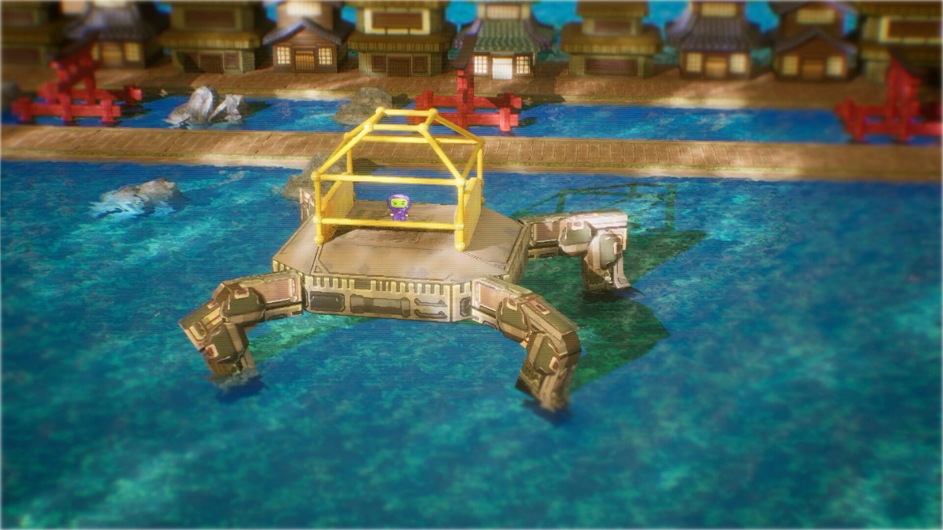 Spaceman Memories: Astronaut stands on a four-legged sea platform near a riverside village at dusk.