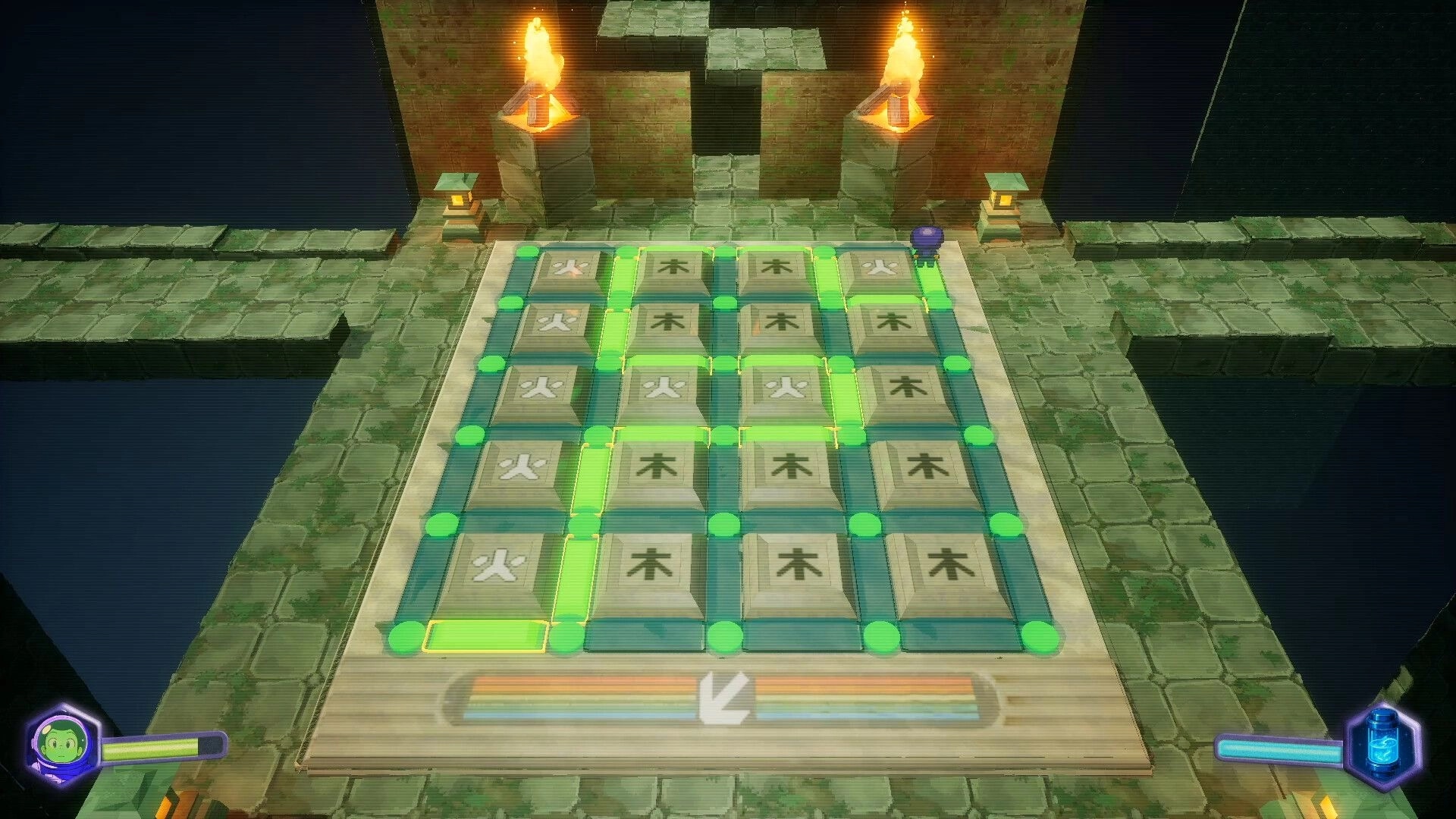 Spaceman Memories: Tile-connecting puzzle board with glowing paths in a torchlit stone temple room.