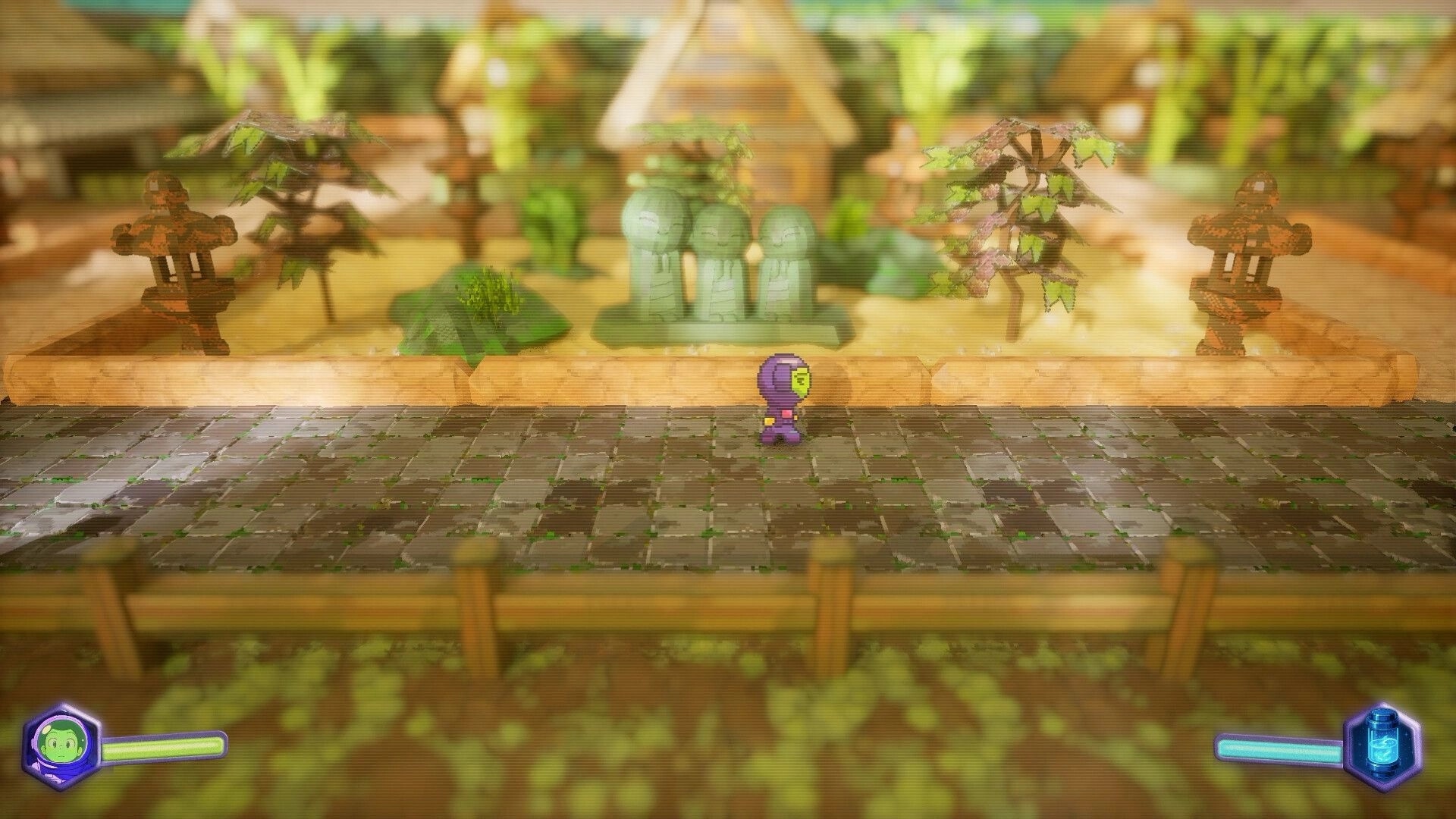 Spaceman Memories: Ichiro 94 walks along a stone path past shrine statues in a village garden.