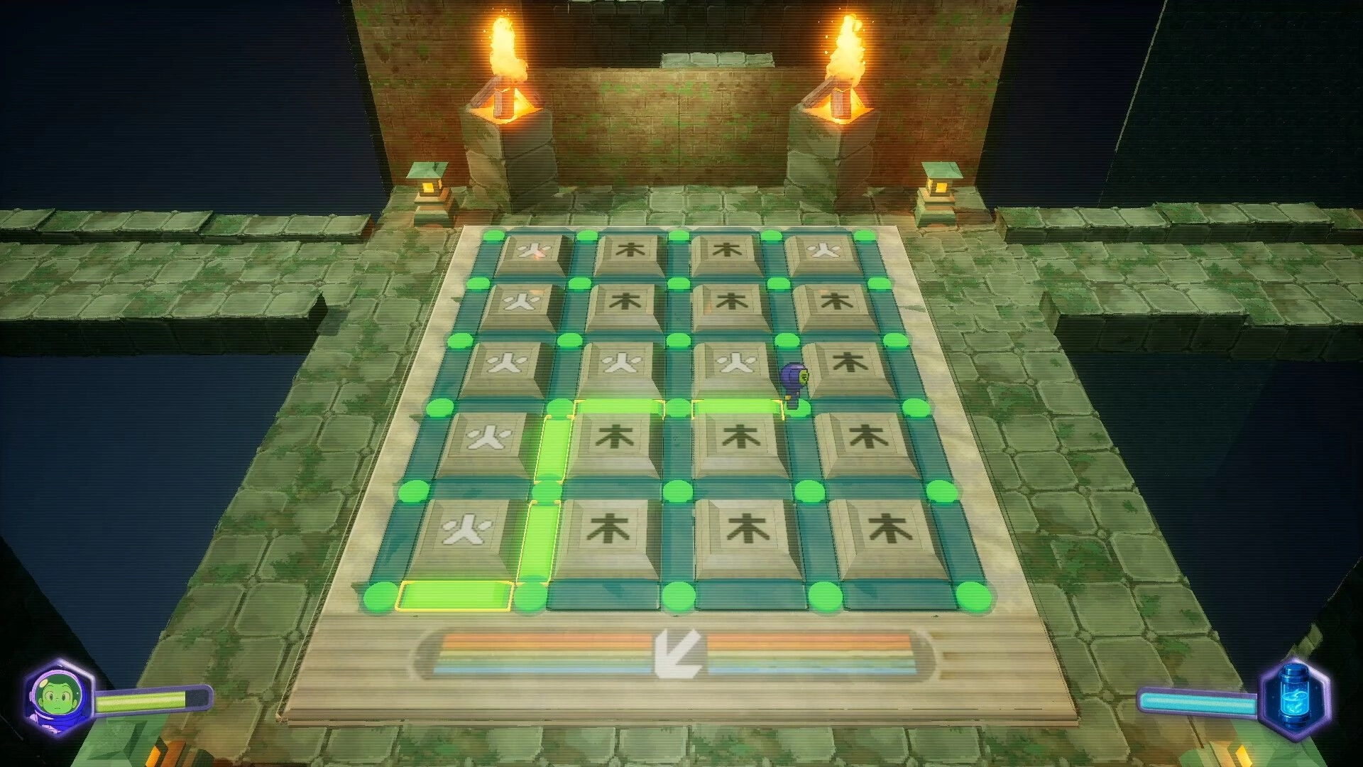 Spaceman Memories: Tile puzzle grid with glowing path highlight in a torchlit stone temple room.