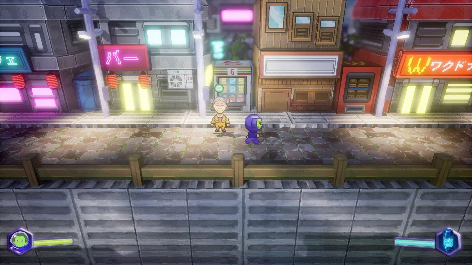 Spaceman Memories: Player chats with an NPC on a neon street outside shops in a futuristic town.