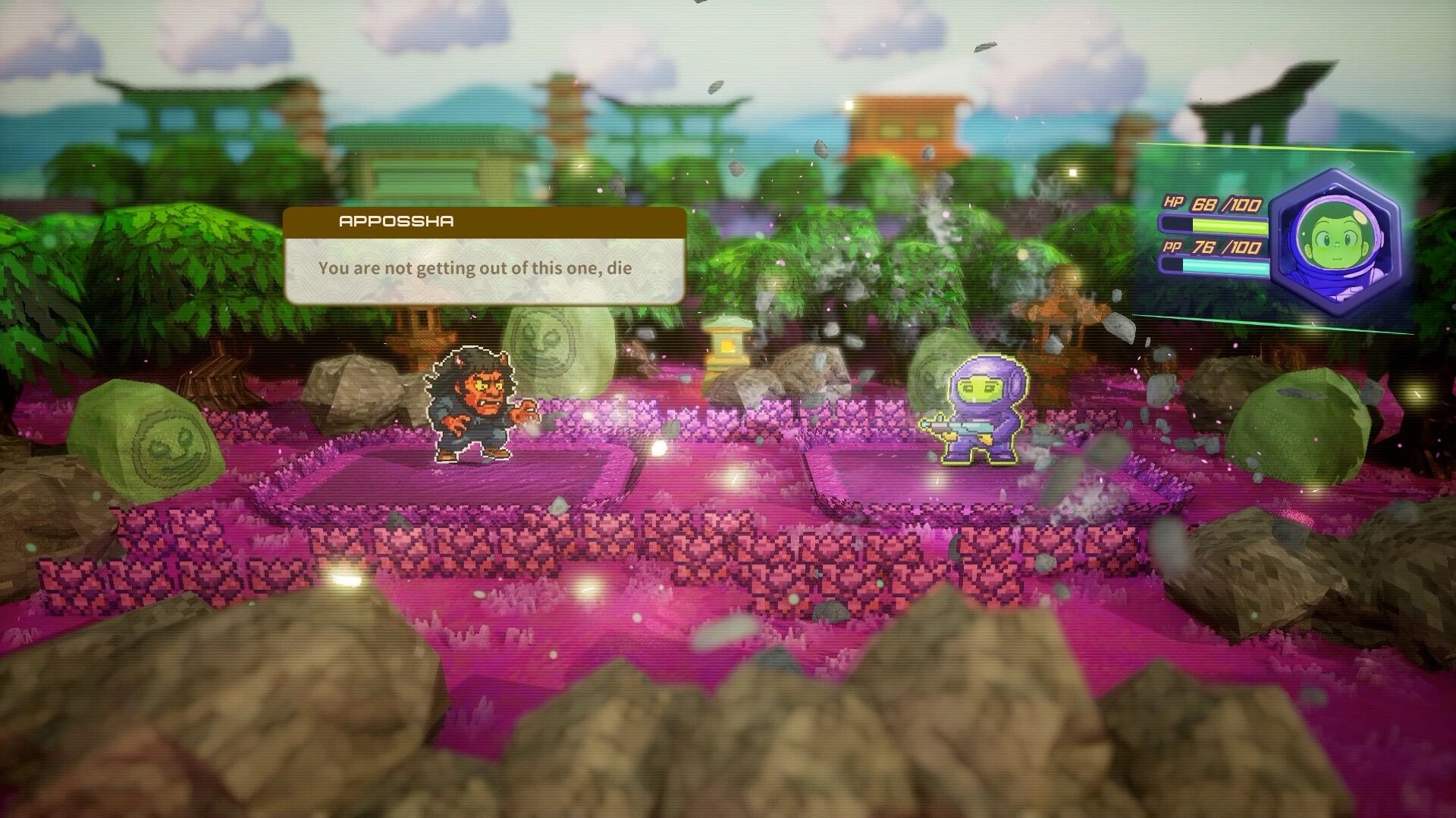 Spaceman Memories: Turn-based battle with Appossha taunting a spaceman on pink stone platforms in shrine garden.