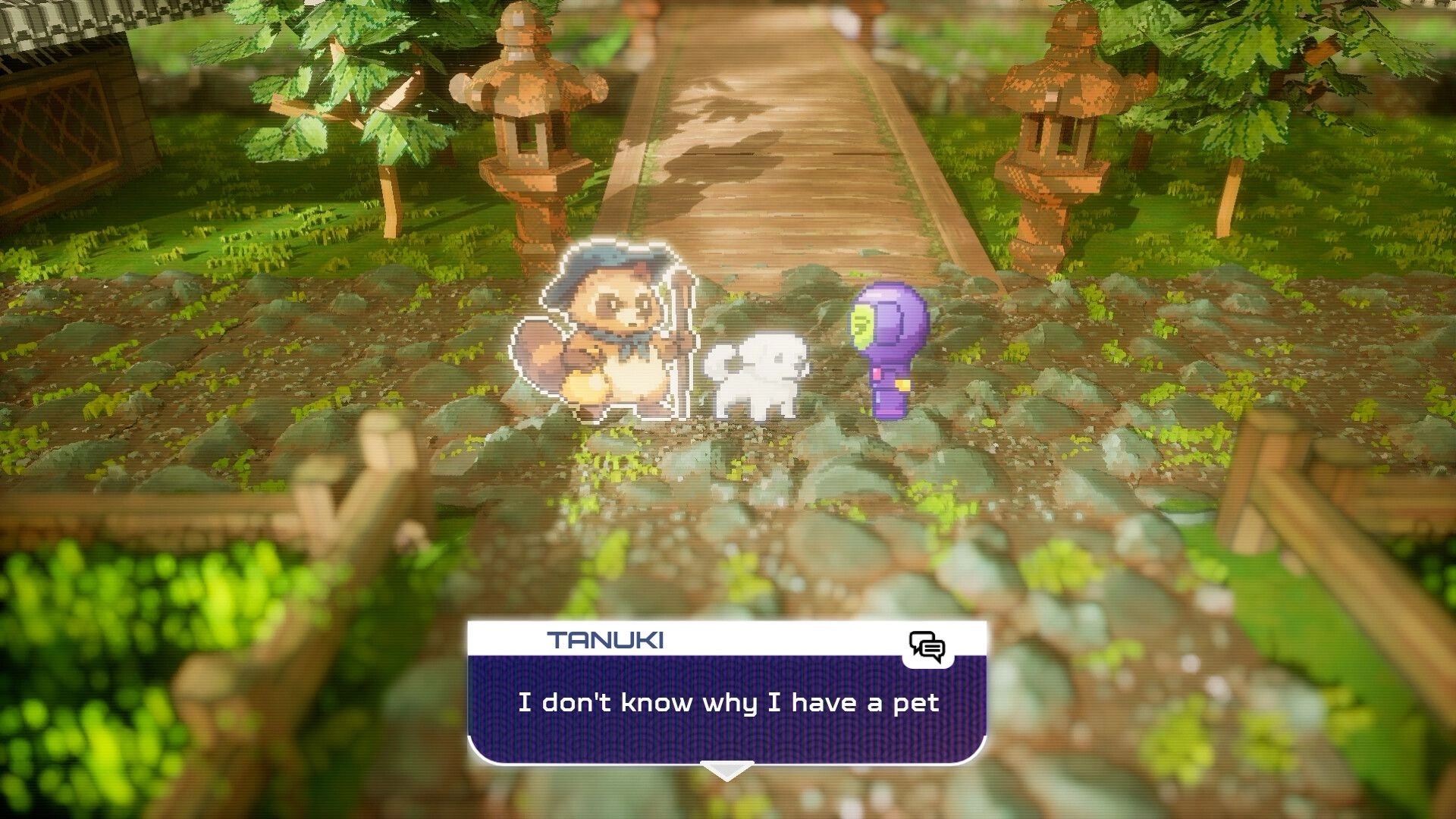 Spaceman Memories: Tanuki dialogue box as purple-suited character meets tanuki on shrine path.