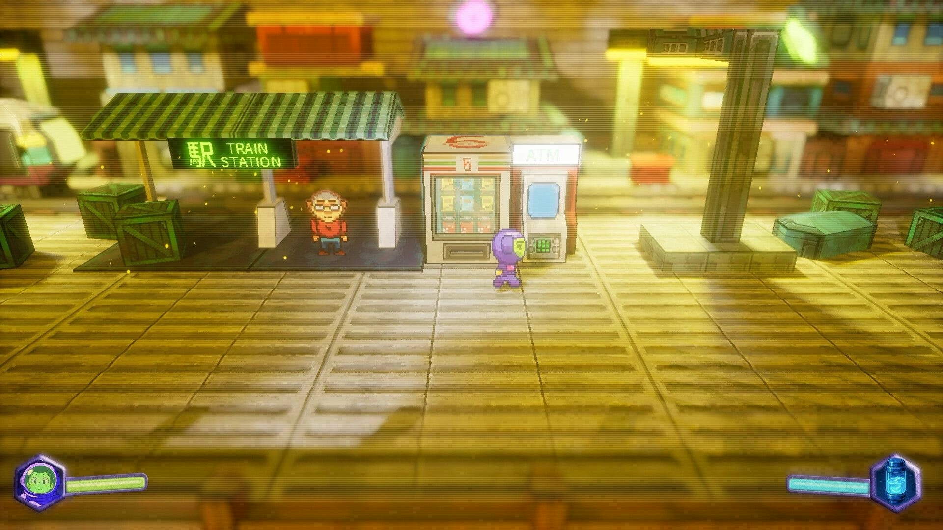 Spaceman Memories: Purple-suited astronaut stands by vending machine and ATM at train station platform.