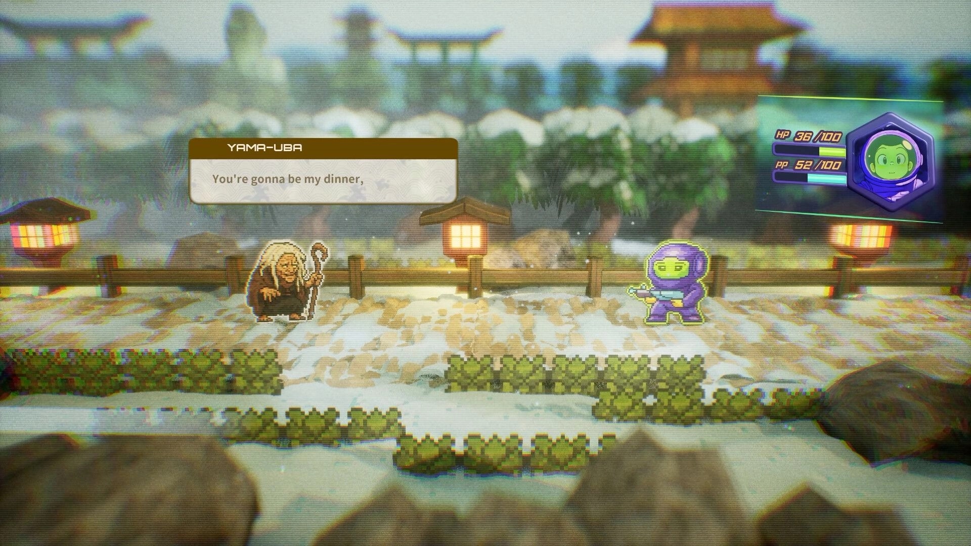 Spaceman Memories: Yama-uba threatens the astronaut as HP/PP HUD shows on a snowy shrine path.