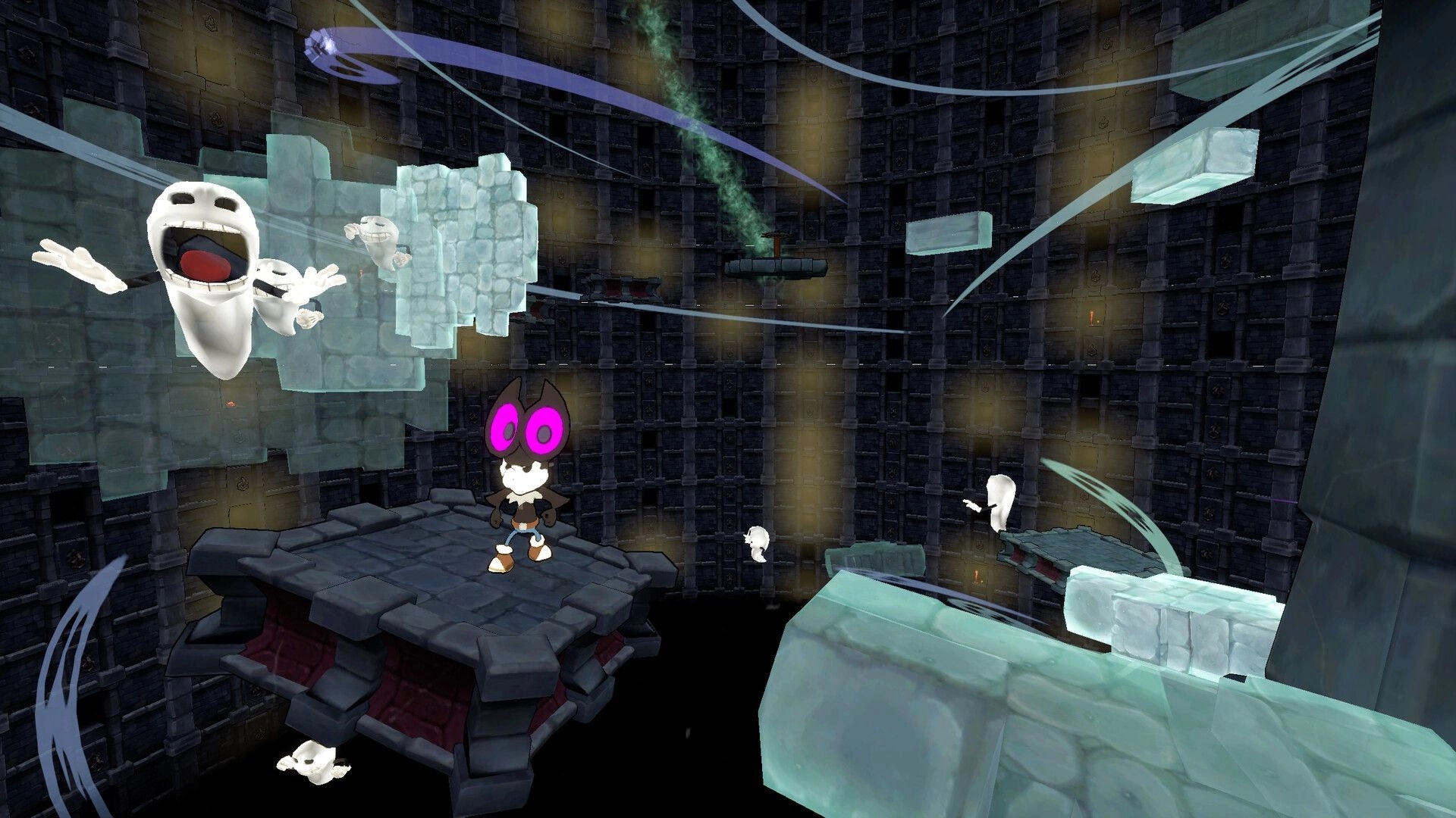 Spanky "Bat-a-Swing": Spanky navigates floating platforms with ghostly figures in a dark, rhythmic chamber