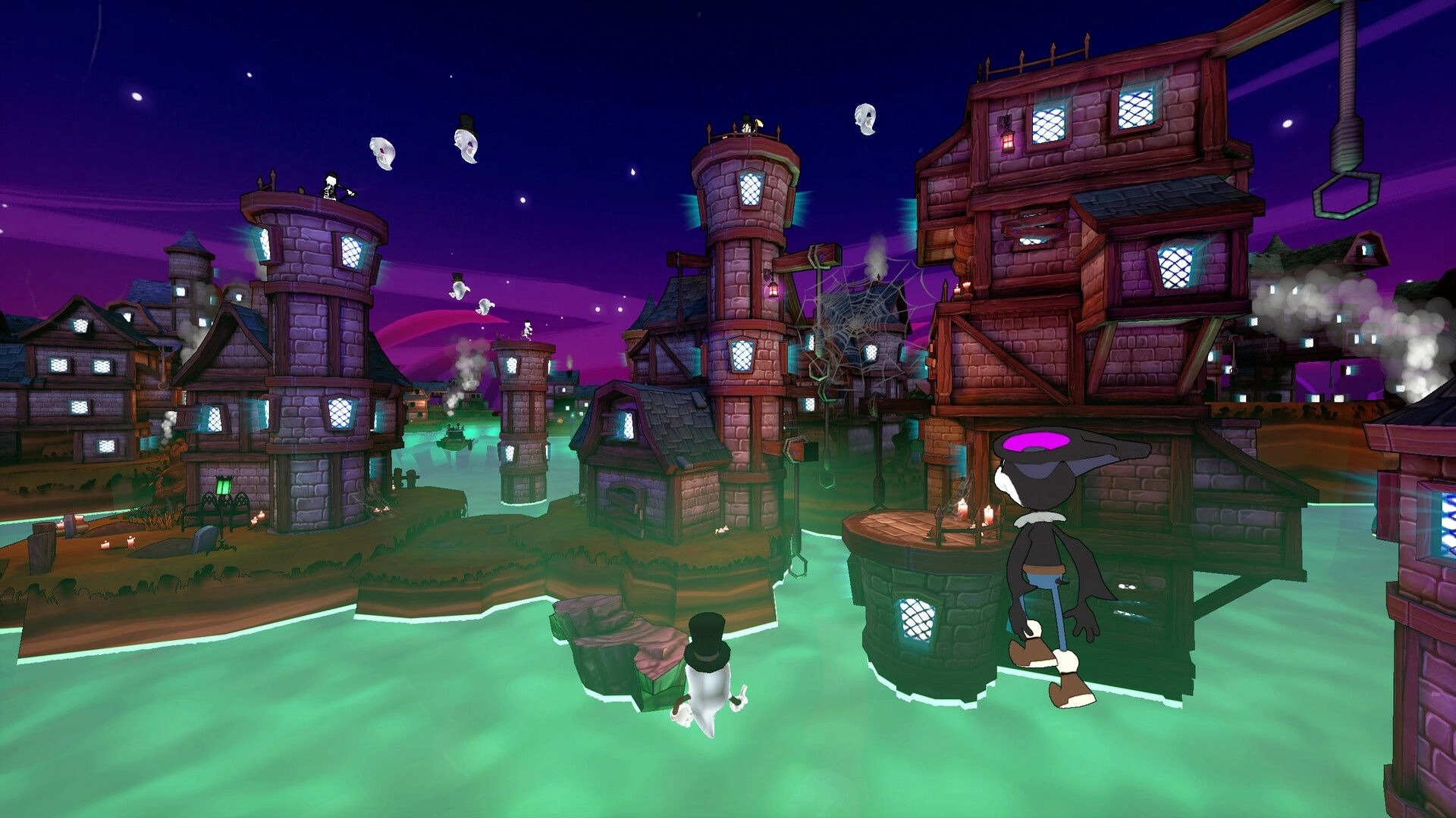 Spanky "Bat-a-Swing": Spanky explores Metronopolis at night, surrounded by dancing ghosts and towers.