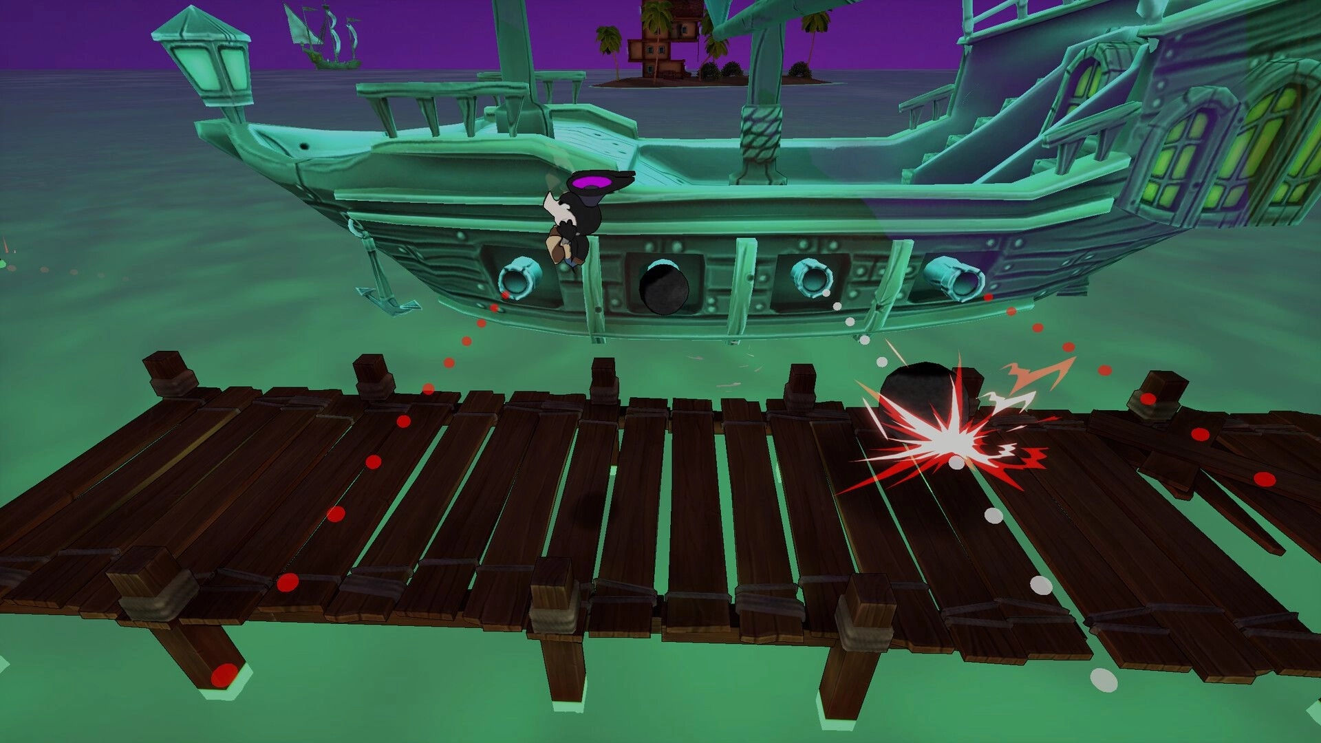 Spanky "Bat-a-Swing": Spanky jumps onto a pirate ship near a wooden dock in a vibrant purple sky setting.