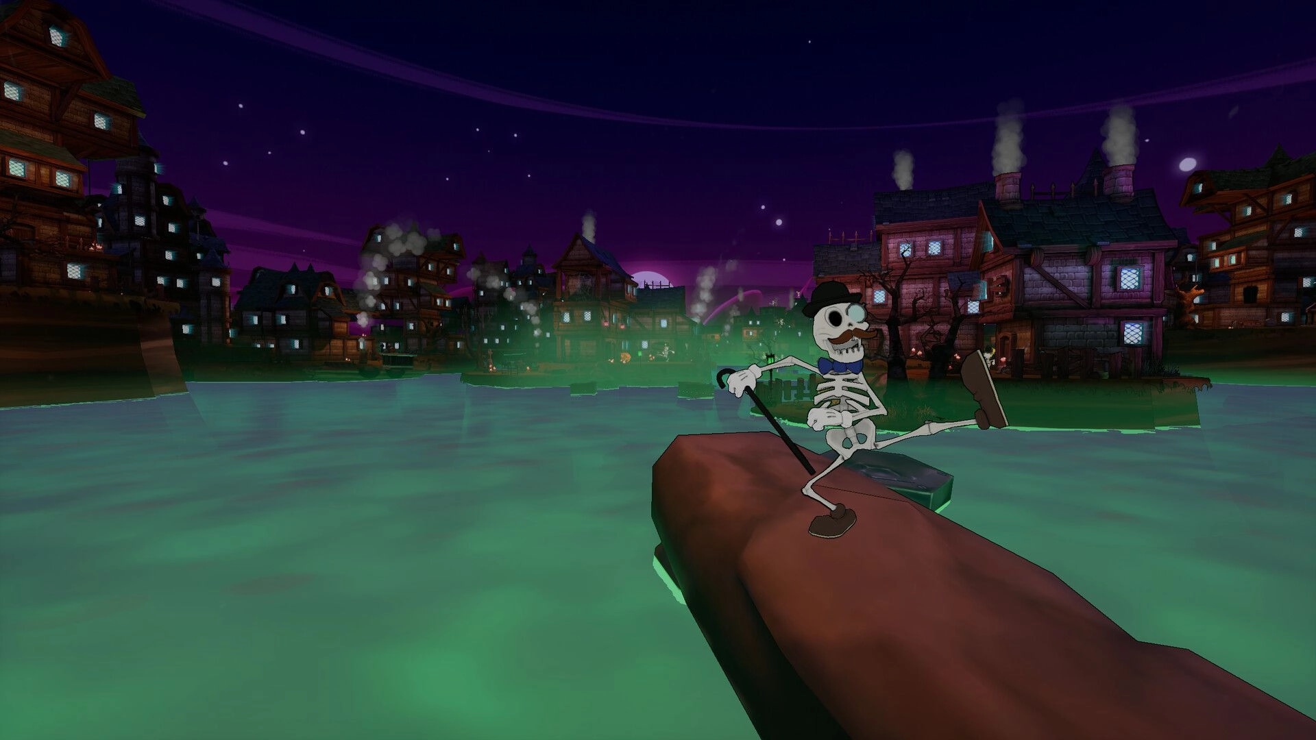 Spanky "Bat-a-Swing": Dancing skeleton on a boat in glowing waters of Metronopolis at night.