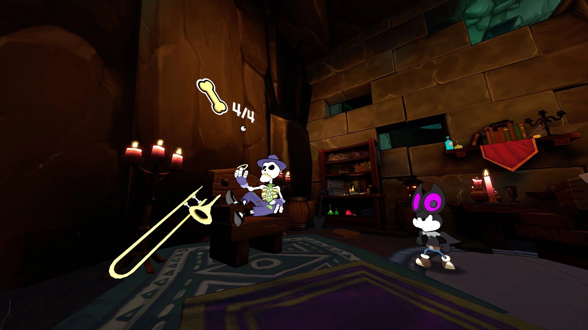 Spanky "Bat-a-Swing": Spanky confronts a skeleton character in a dimly lit room with shelves and candles.
