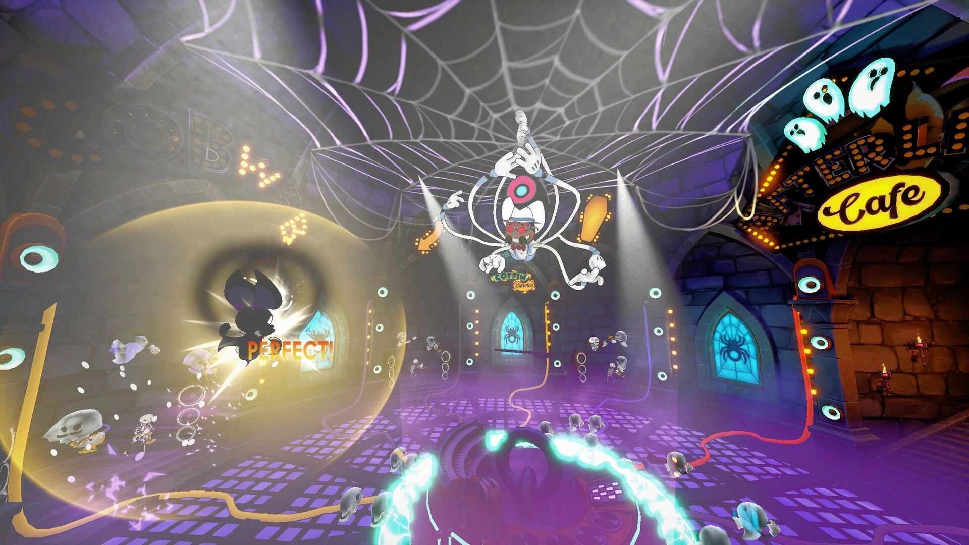Spanky "Bat-a-Swing": Spanky executes perfect dance moves in a vibrant, music-themed dungeon setting.