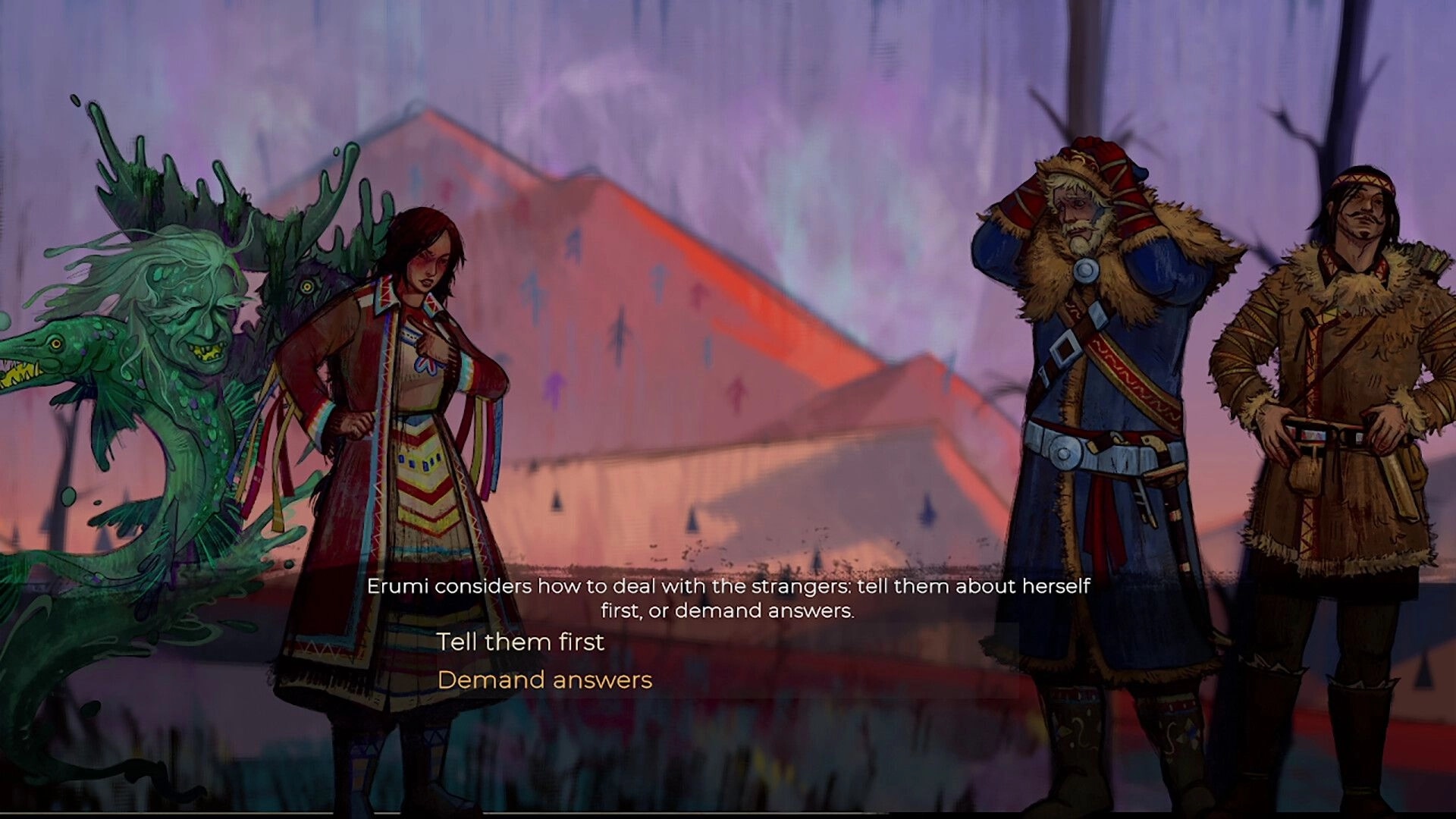 Spears & Spirits: Dialogue choice with Erumi and spirit facing two strangers before snowy tents.