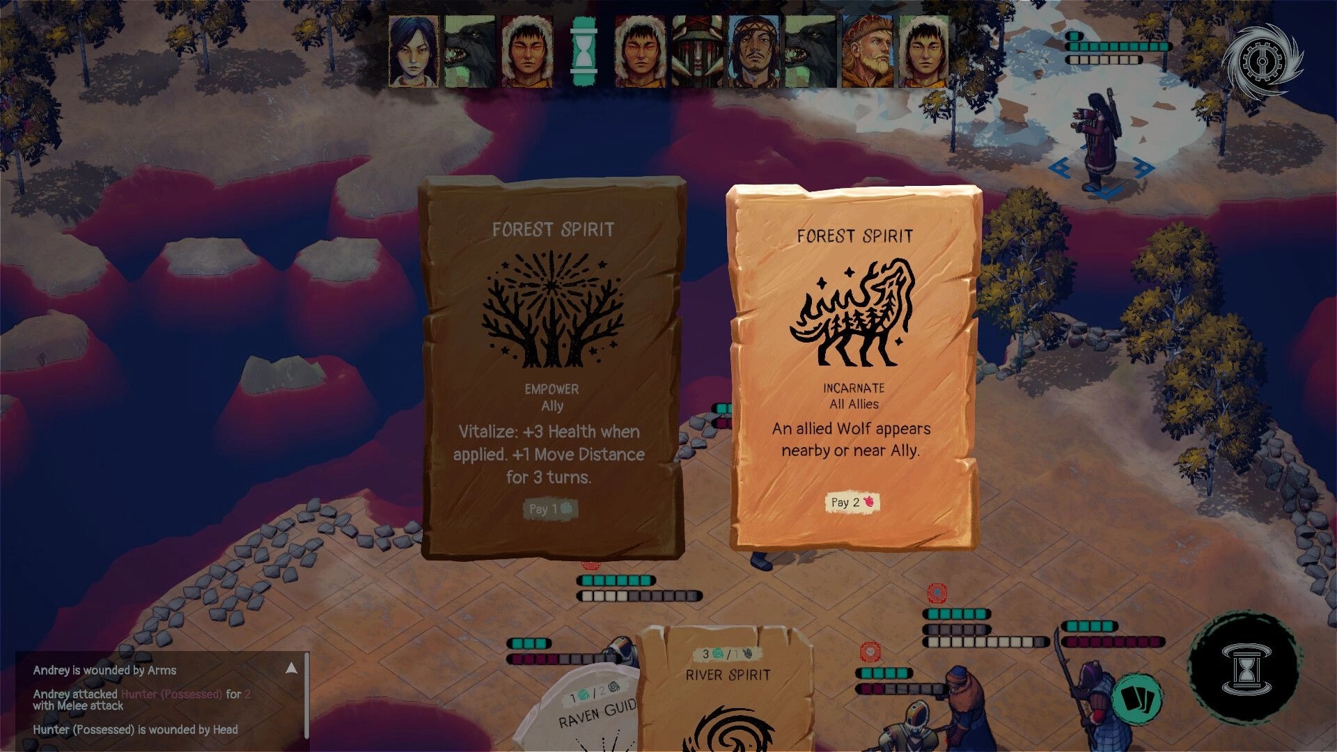 Spears & Spirits: Forest Spirit cards selection over turn-based battle on snowy river map with portraits UI.