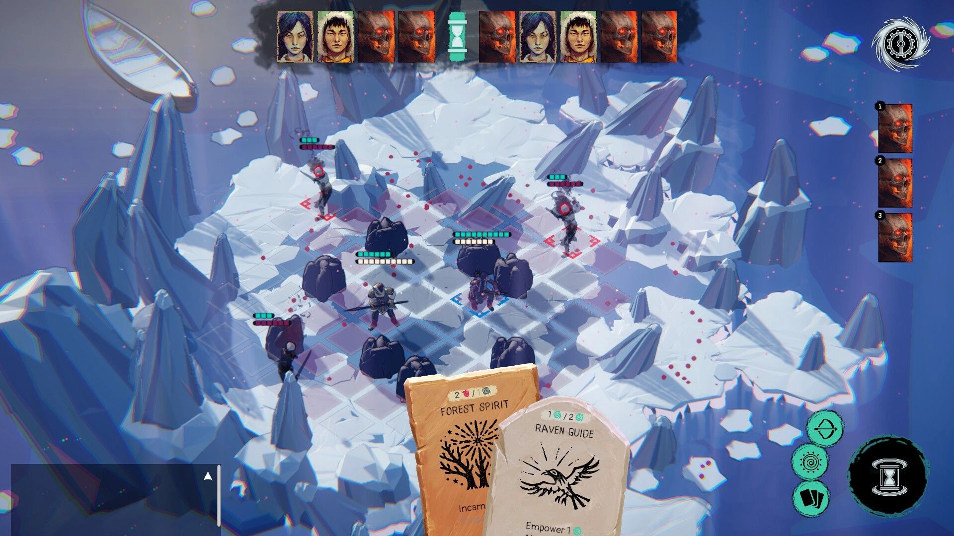Spears & Spirits: Turn-based battle grid with heroes and foes on icy cliffs, spirit cards UI visible.