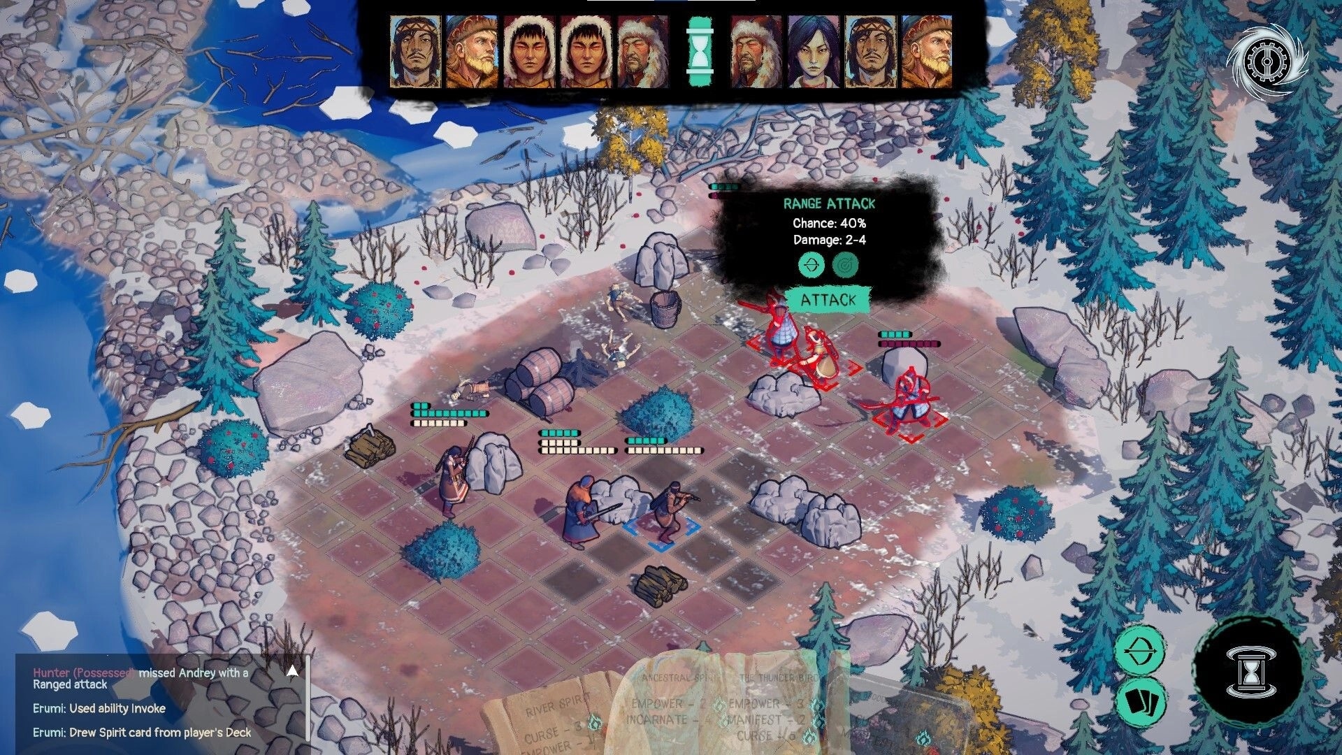 Spears & Spirits: Turn-based battle with ranged attack prompt on a snowy grid beside a riverbank.