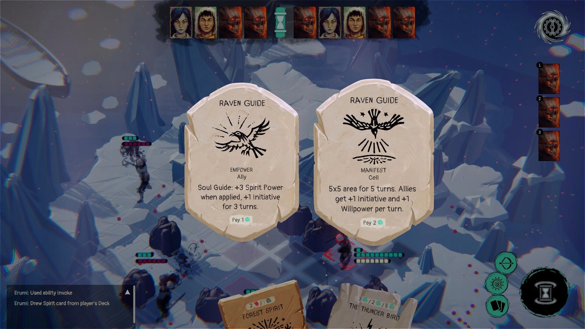 Spears & Spirits: Choosing Raven Guide spirit cards during turn-based battle on an icy grid map.