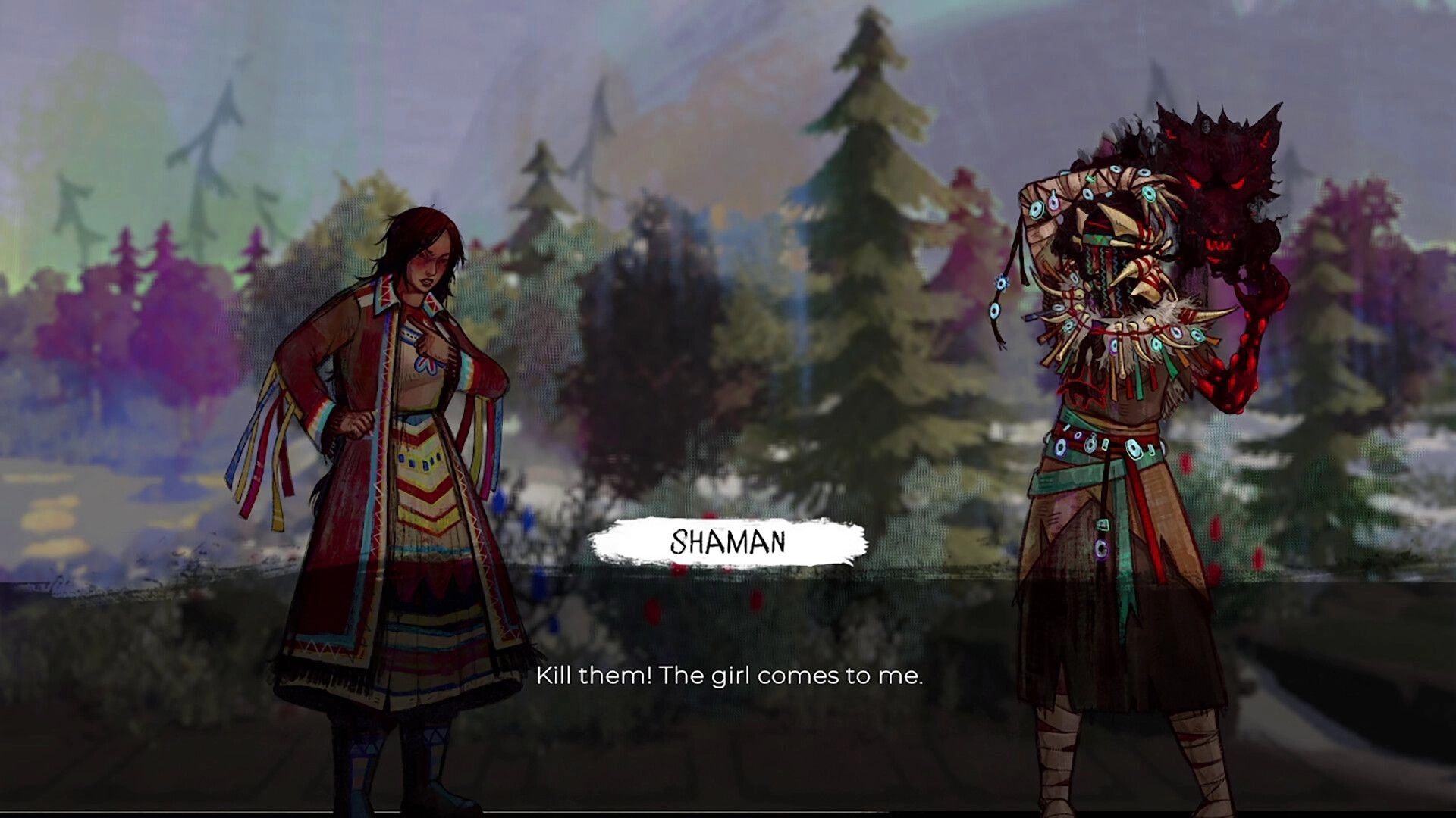 Spears & Spirits: Dialogue scene with shamaness facing masked shaman, SHAMAN subtitle, forest backdrop.
