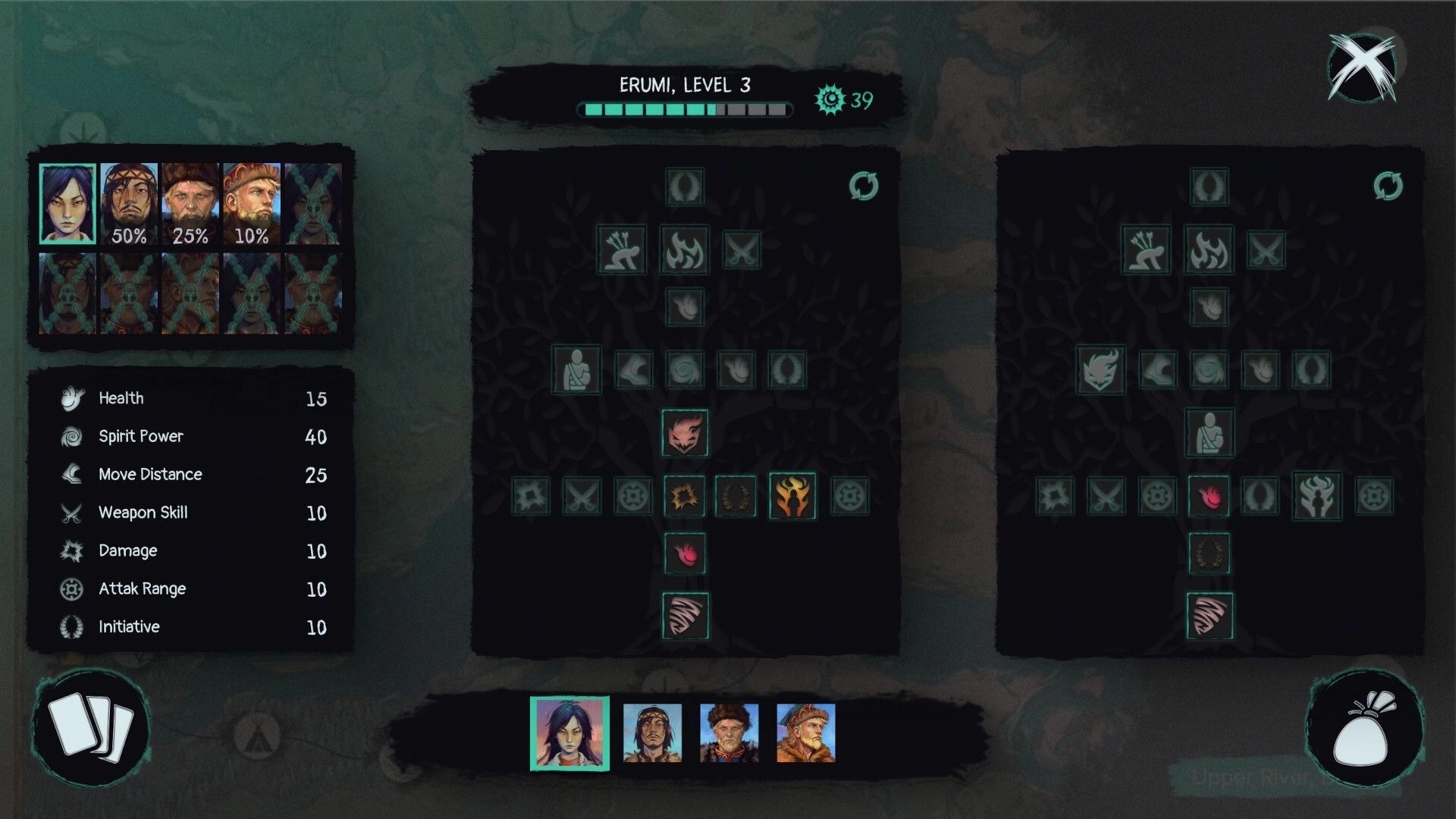 Spears & Spirits: Erumi level 3 skill tree and party portraits with stats panel on dark UI screen.