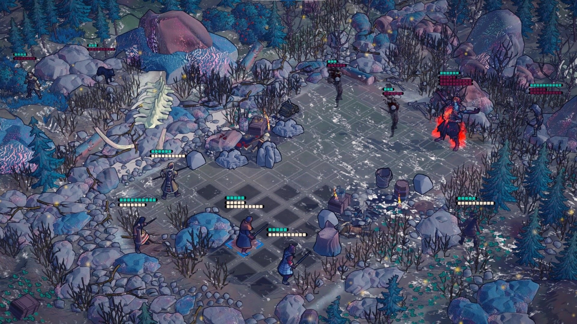 Spears & Spirits: Turn-based battle on a grid with health bars in a snowy rocky forest clearing.