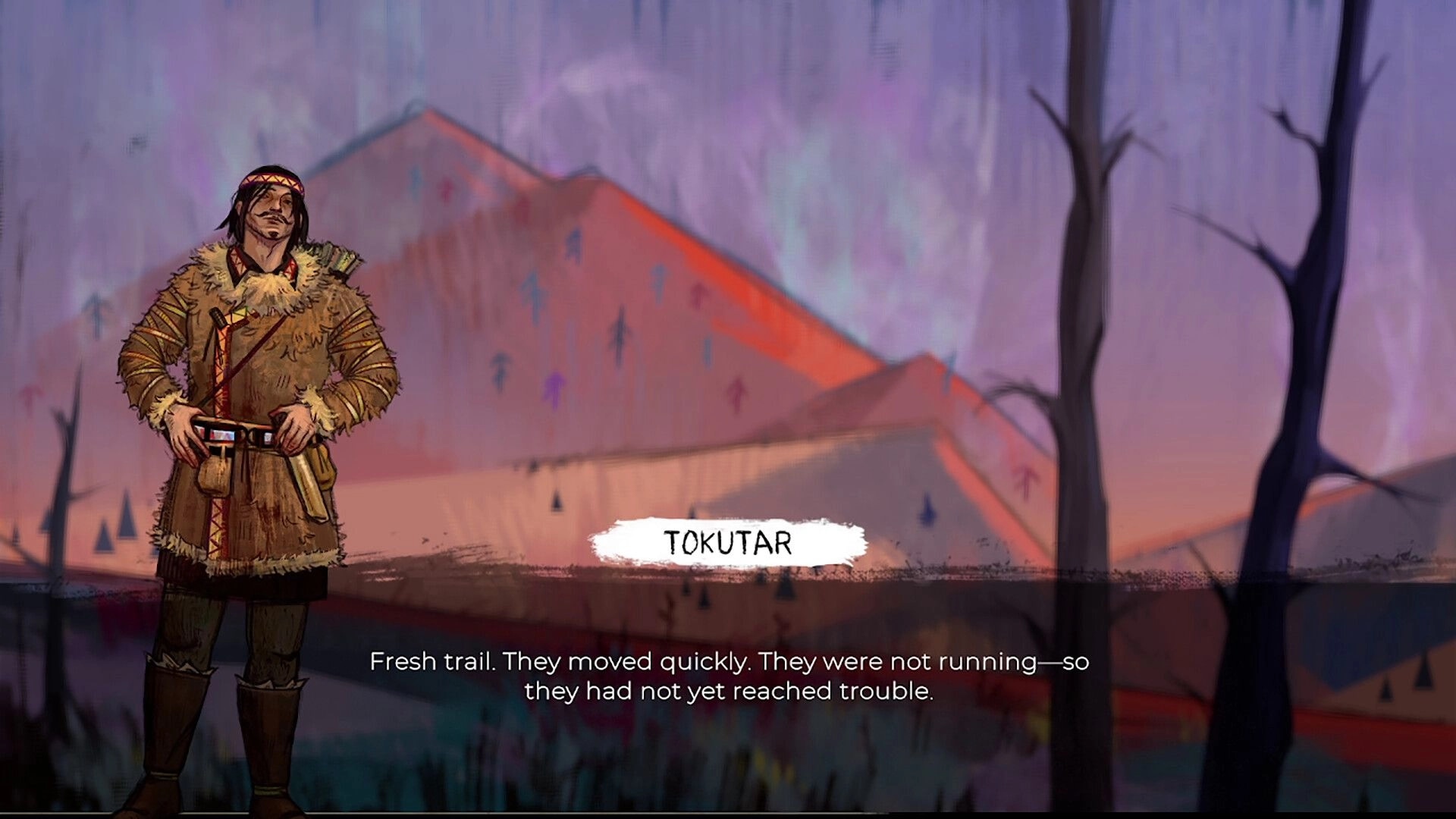 Spears & Spirits: Dialogue scene with Tokutar's portrait and subtitle text over snowy hills backdrop.