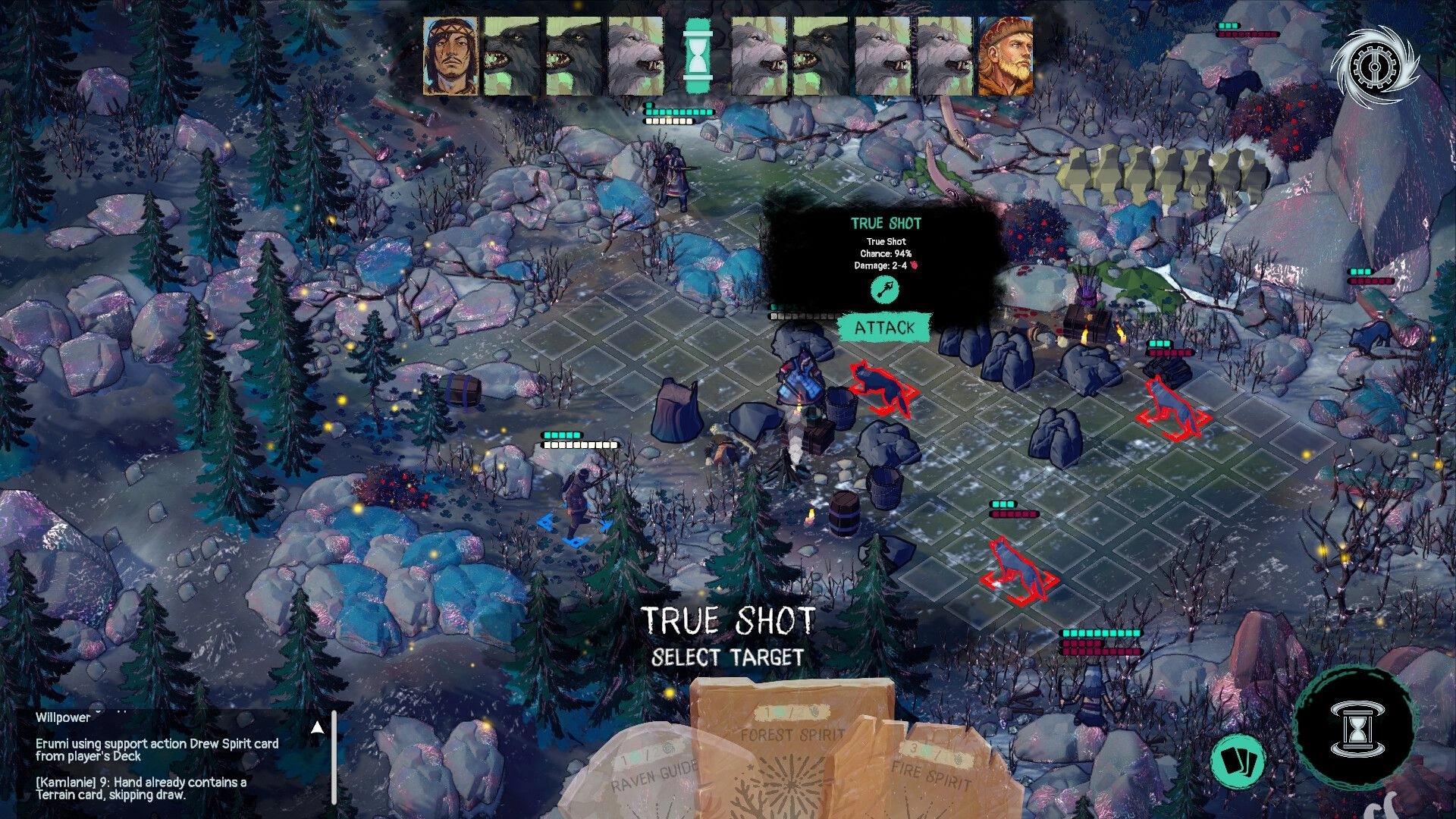 Spears & Spirits: True Shot target selection with attack chance popup on snowy forest grid battlefield.