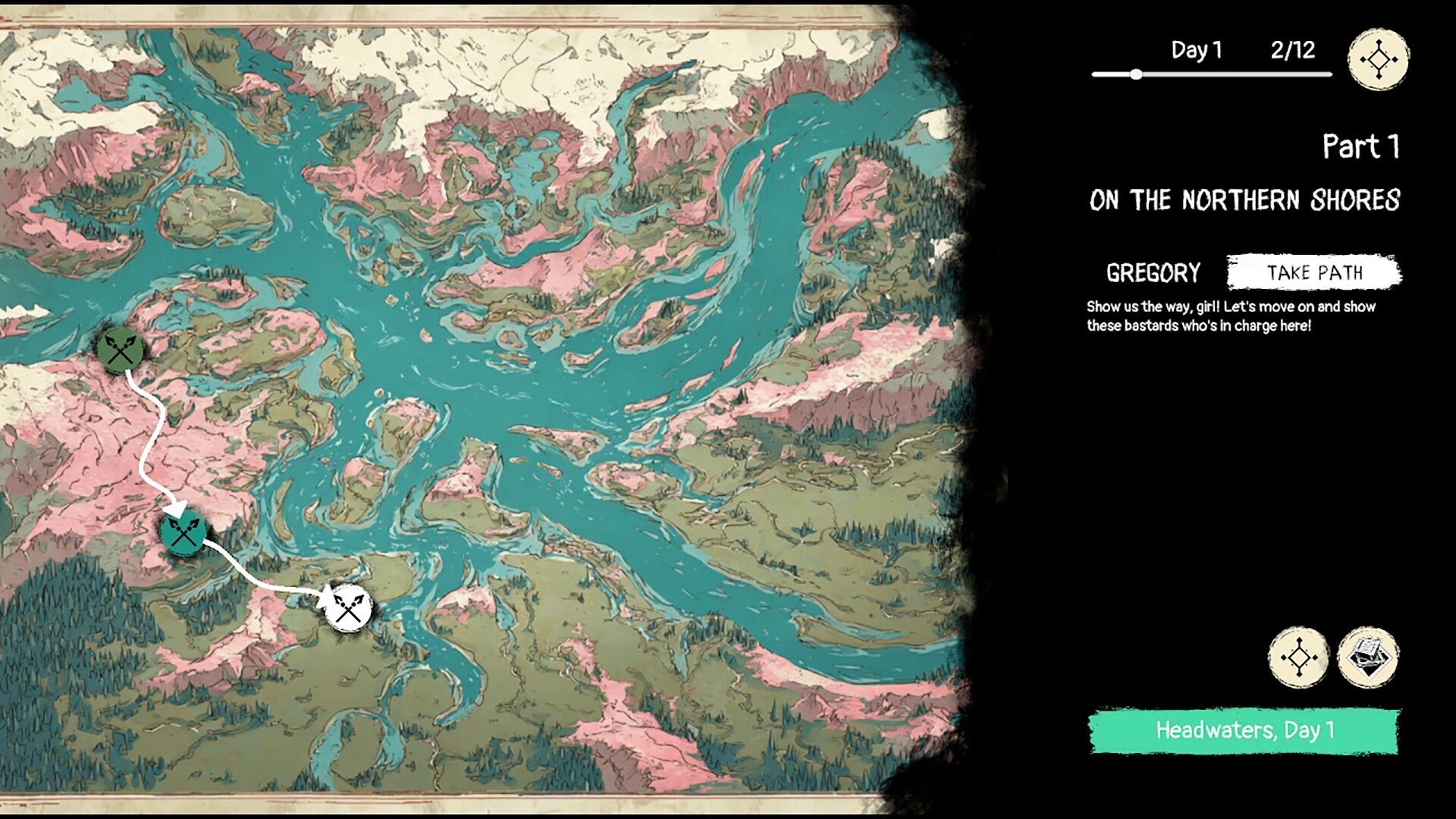 Spears & Spirits: World map path selection with Day 1 UI and Gregory dialogue on northern shores.