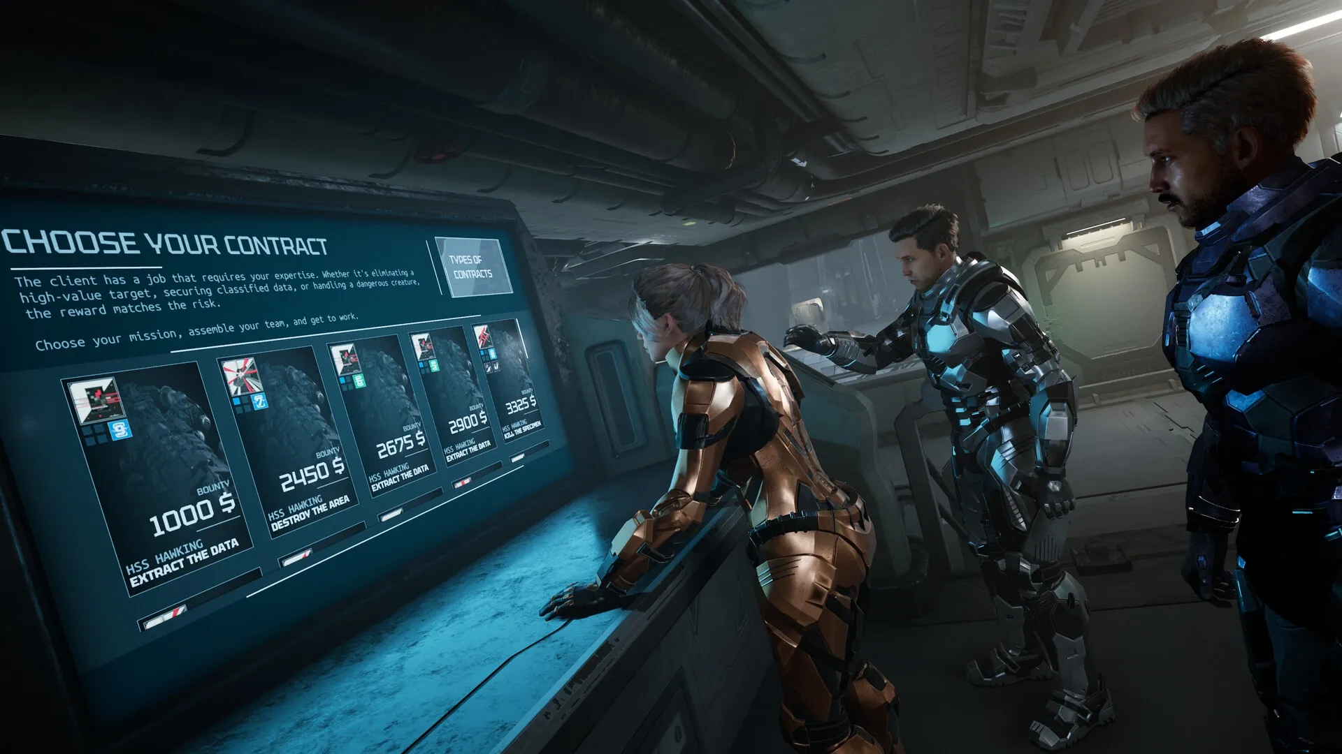 Species: Players in armored suits choose contracts on a mission screen aboard an abandoned spaceship.