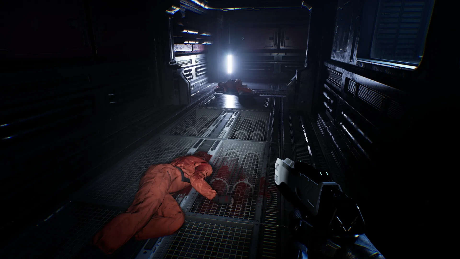 Species: Player explores dark corridor with weapon drawn, encountering bodies in dimly lit spaceship.