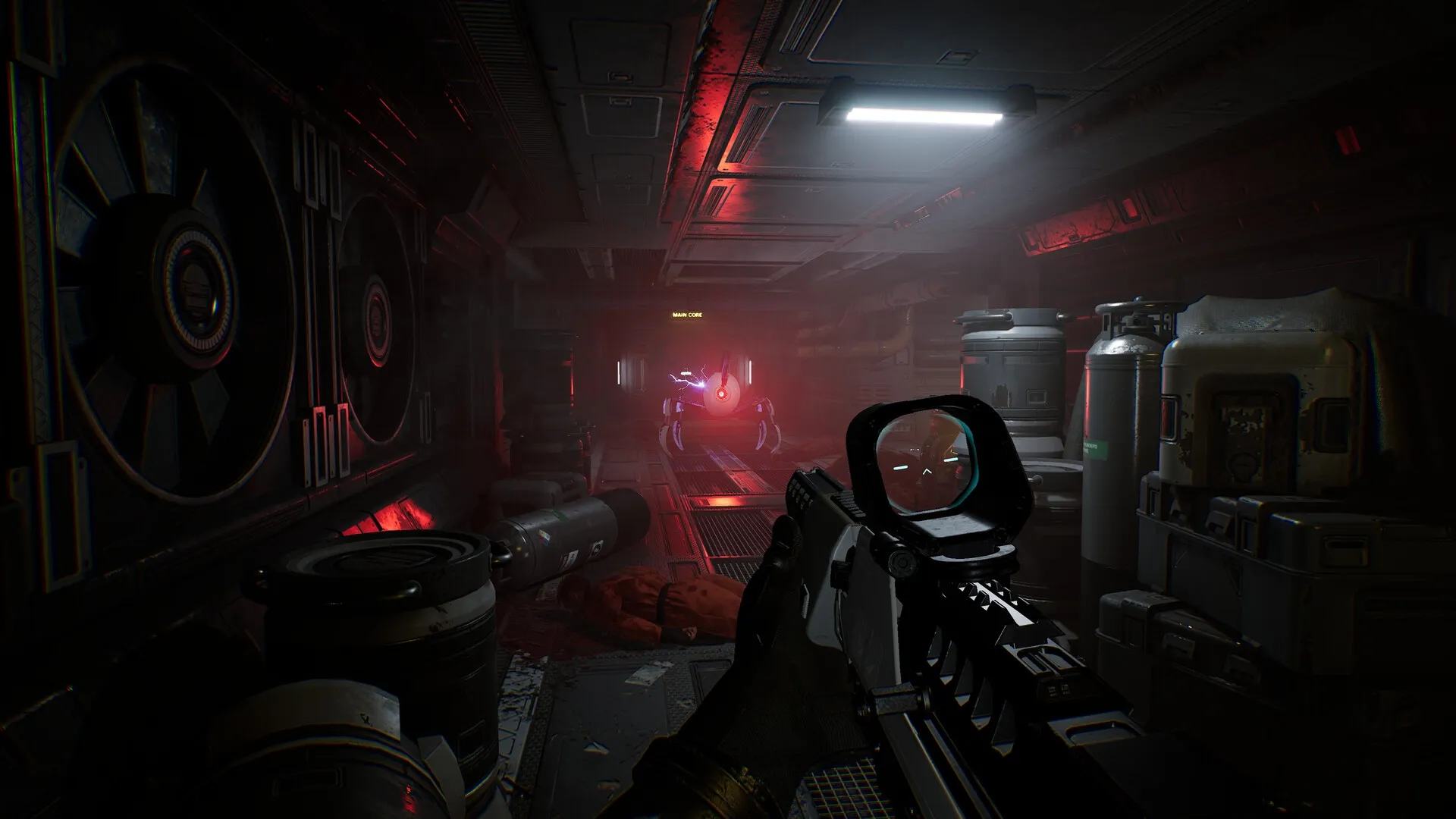Species: Player aiming weapon in dimly lit spaceship hallway towards a glowing enemy robot