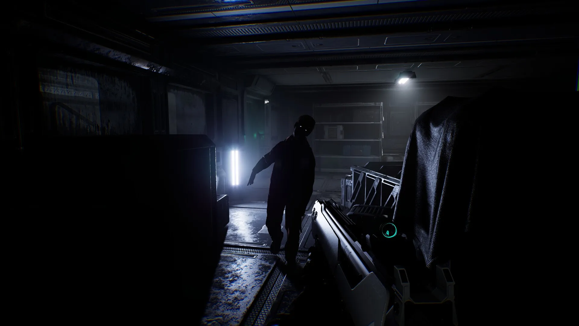Species: Shadowy figure approaching in dimly lit spaceship corridor with weapon in foreground