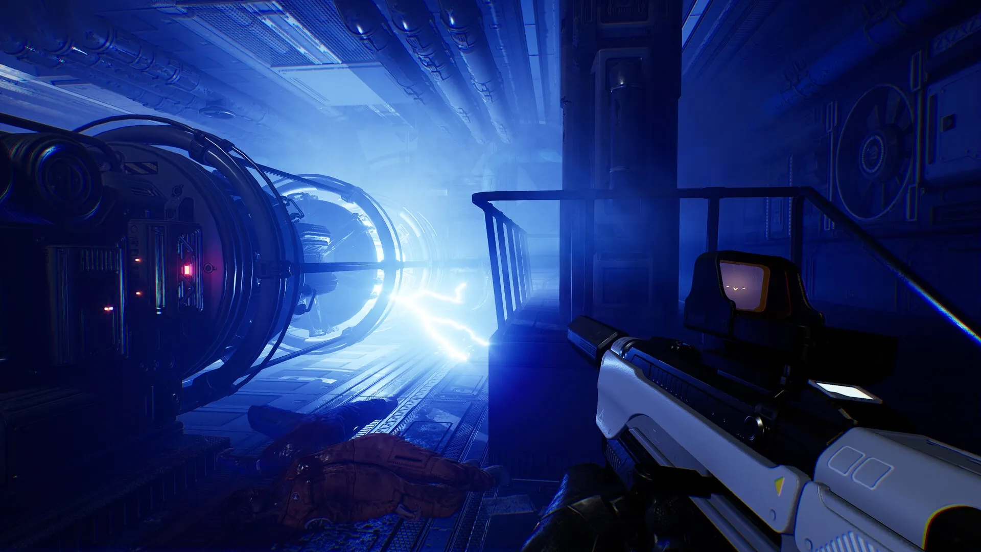 Species: Player holding weapon in dimly lit spaceship corridor with electric sparks and machinery