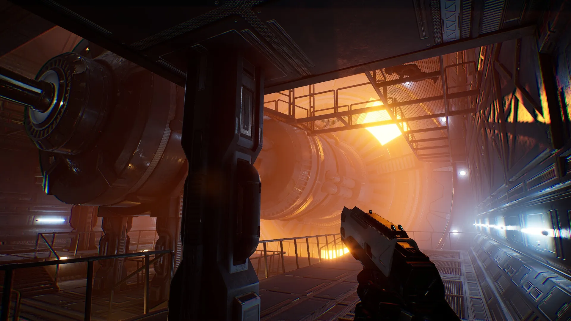 Species: Player holding weapon in dimly lit industrial corridor with large machinery and bright light source