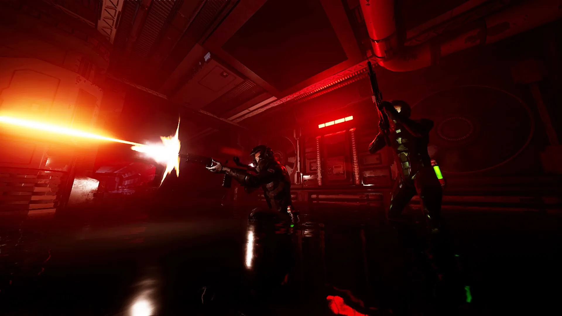 Species: Two armed characters firing in a dark, red-lit corridor aboard an abandoned ship