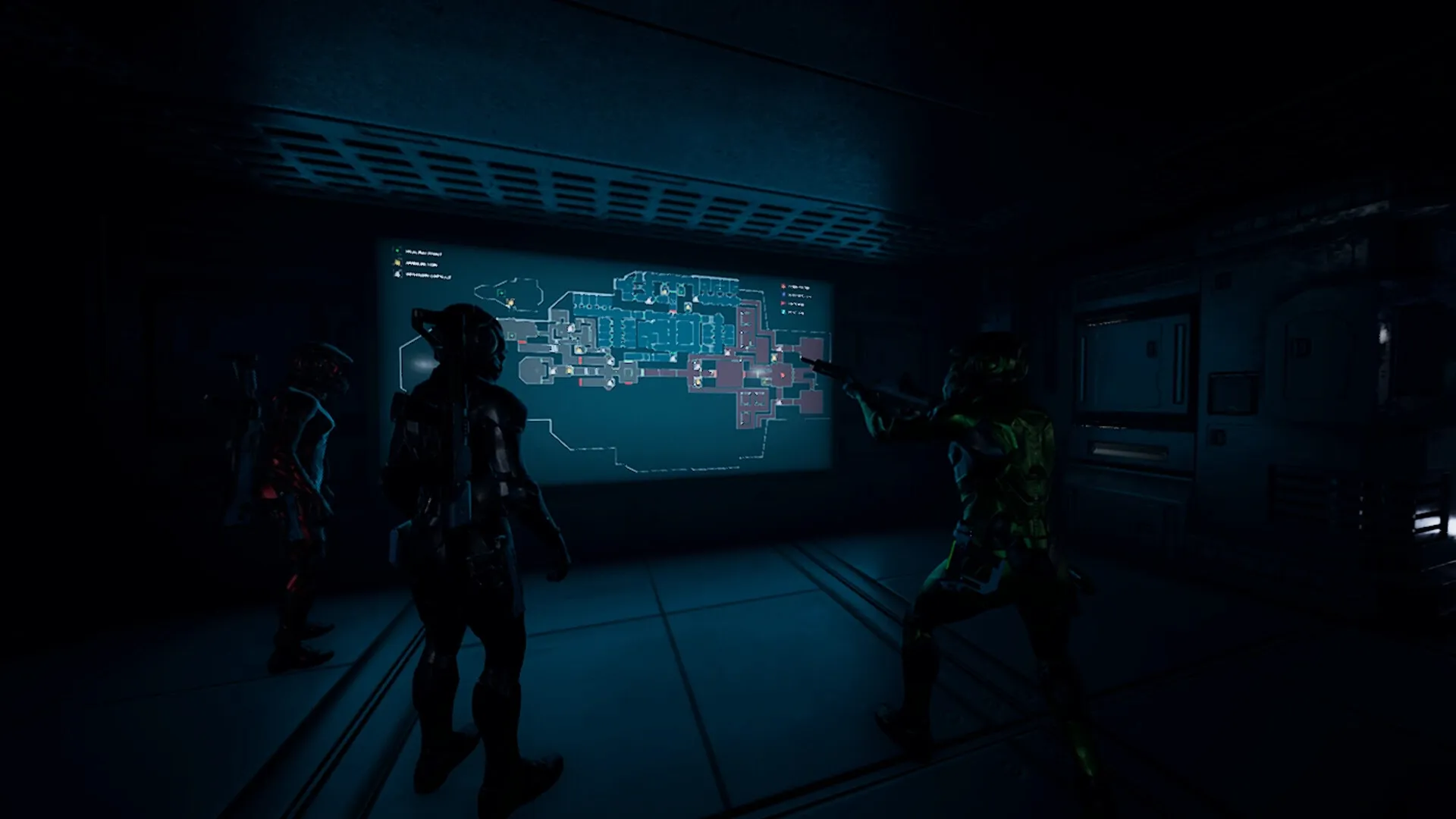 Species: Three players examining ship layout on a large screen in a dimly lit control room