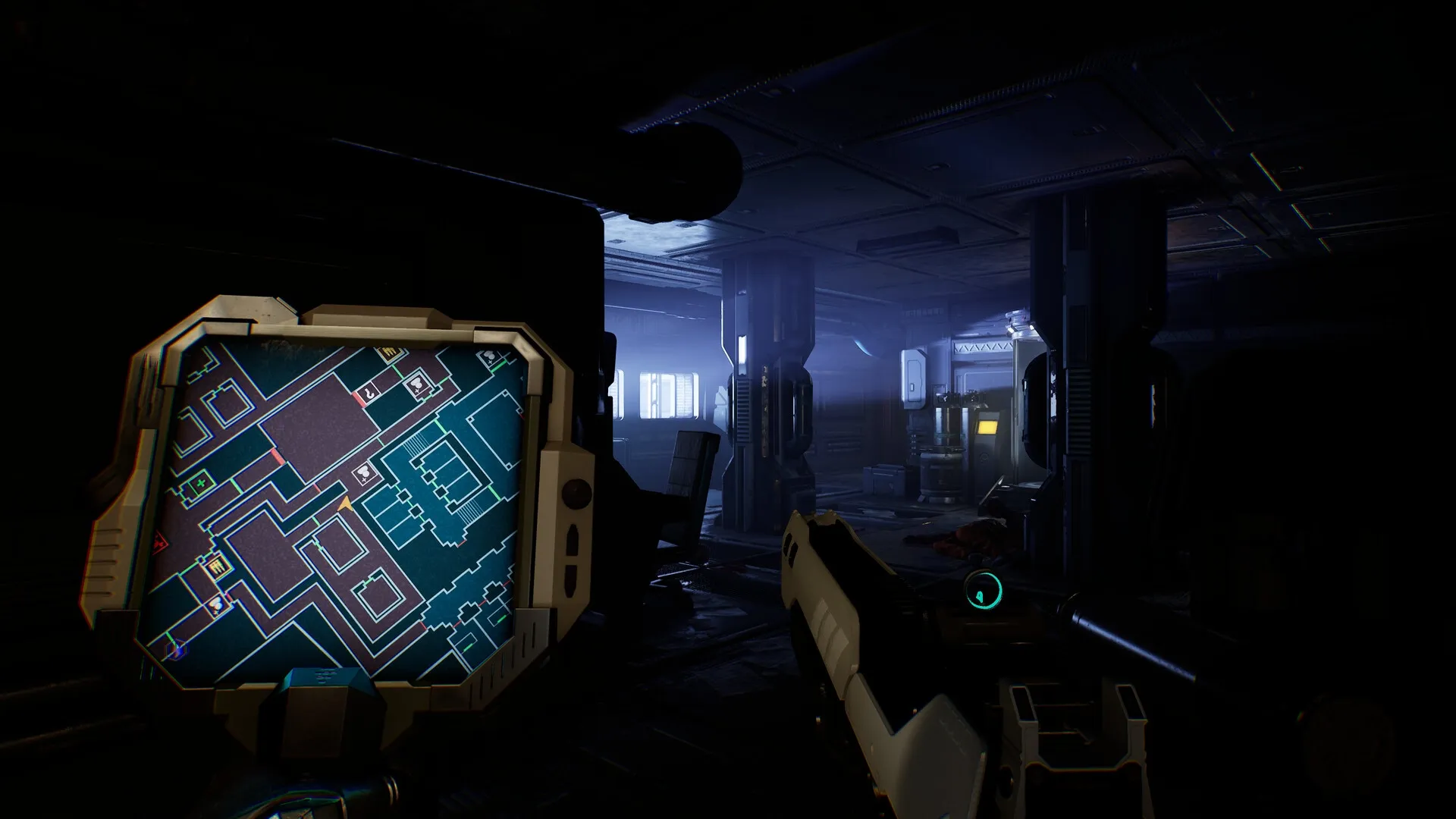 Species: Handheld map display in dark, dimly lit spaceship corridor with visible weapon in foreground