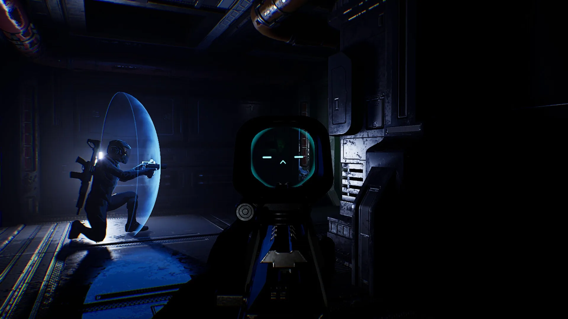 Species: Player aiming through scope at crouched ally behind shield on dark spaceship corridor
