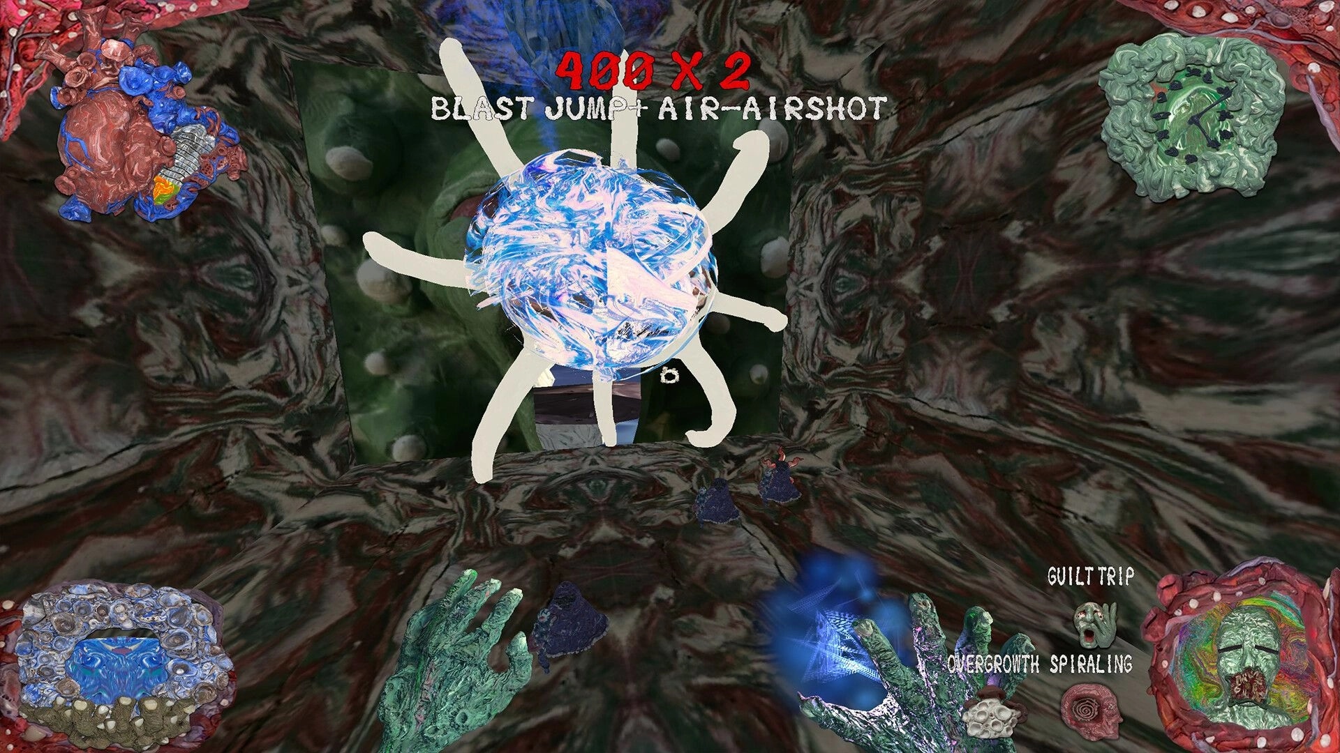 Spectral Map: Glowing orb and combo text in fleshy cave arena with surreal hand and face UI icons.