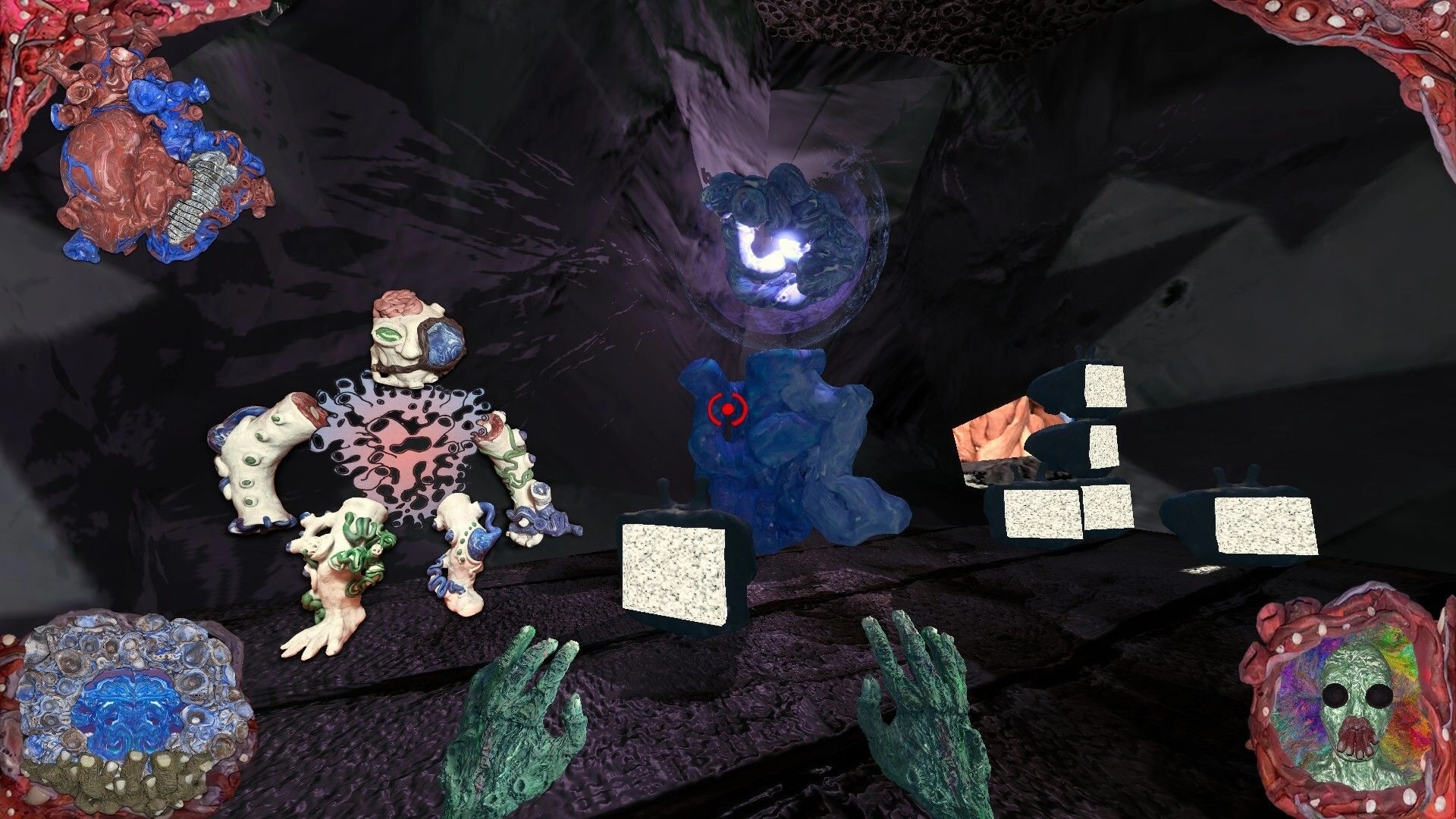 Spectral Map: First-person view aiming at floating blocks and a creature in a dark organic cavern.