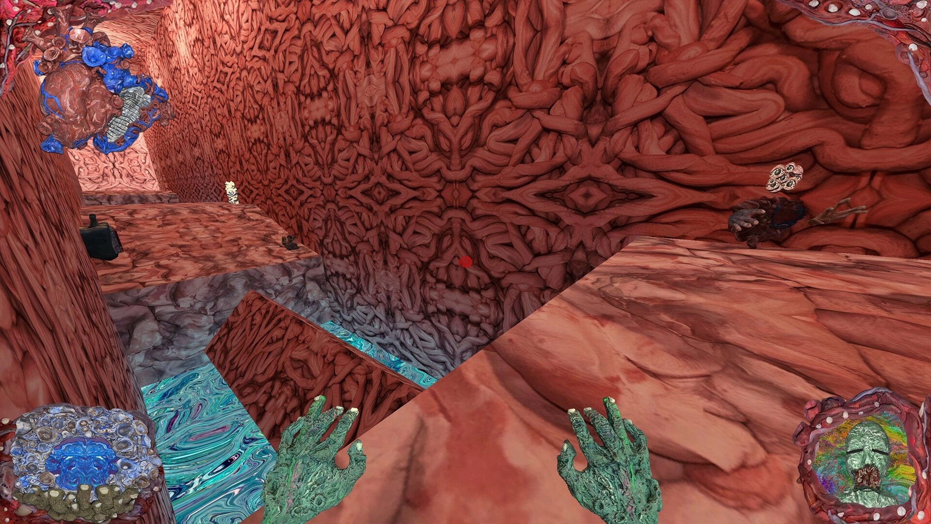 Spectral Map: First-person platforming over chasm and blue slime in fleshy red cavern with HUD.