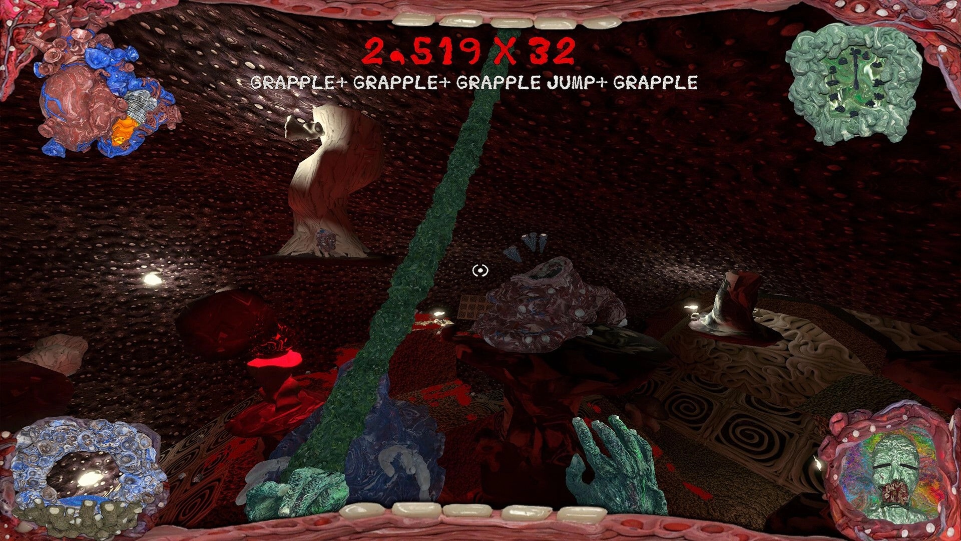 Spectral Map: Grapple combo text overlay in organic cavern arena with fleshy HUD and slime pillar.