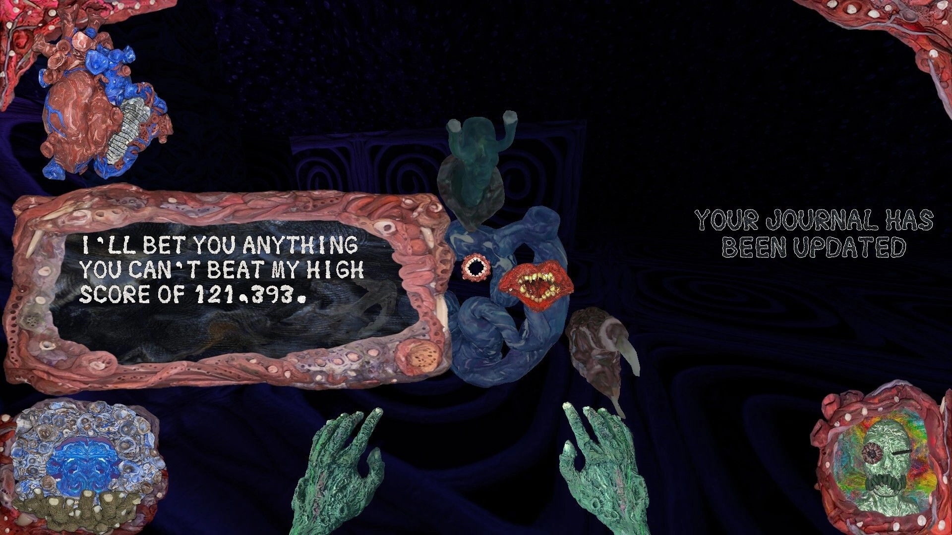 Spectral Map: Floating creature taunts high score as journal updated in dark surreal void scene.