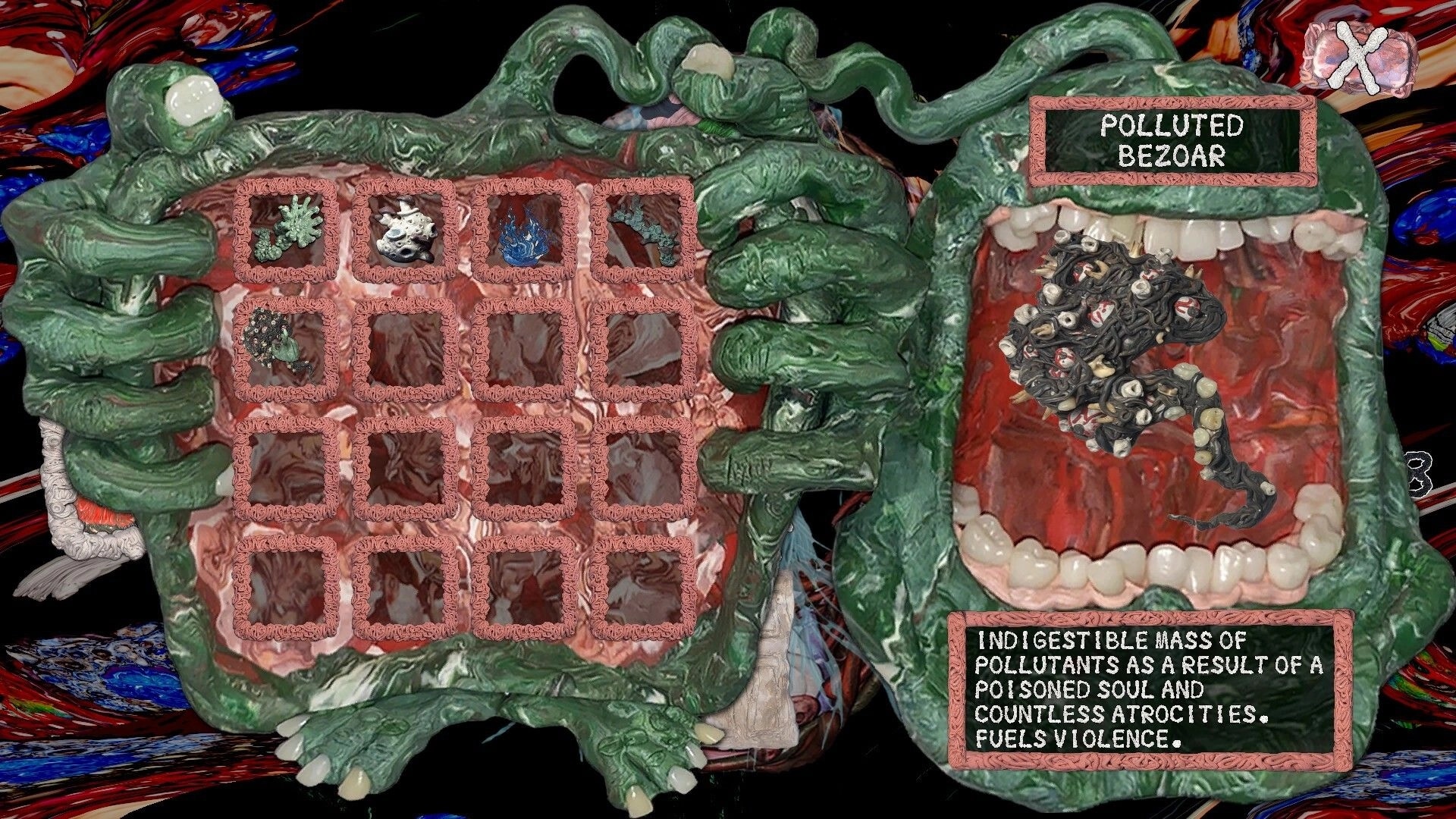 Spectral Map: Inventory grid with grotesque item icons beside Polluted Bezoar description screen.