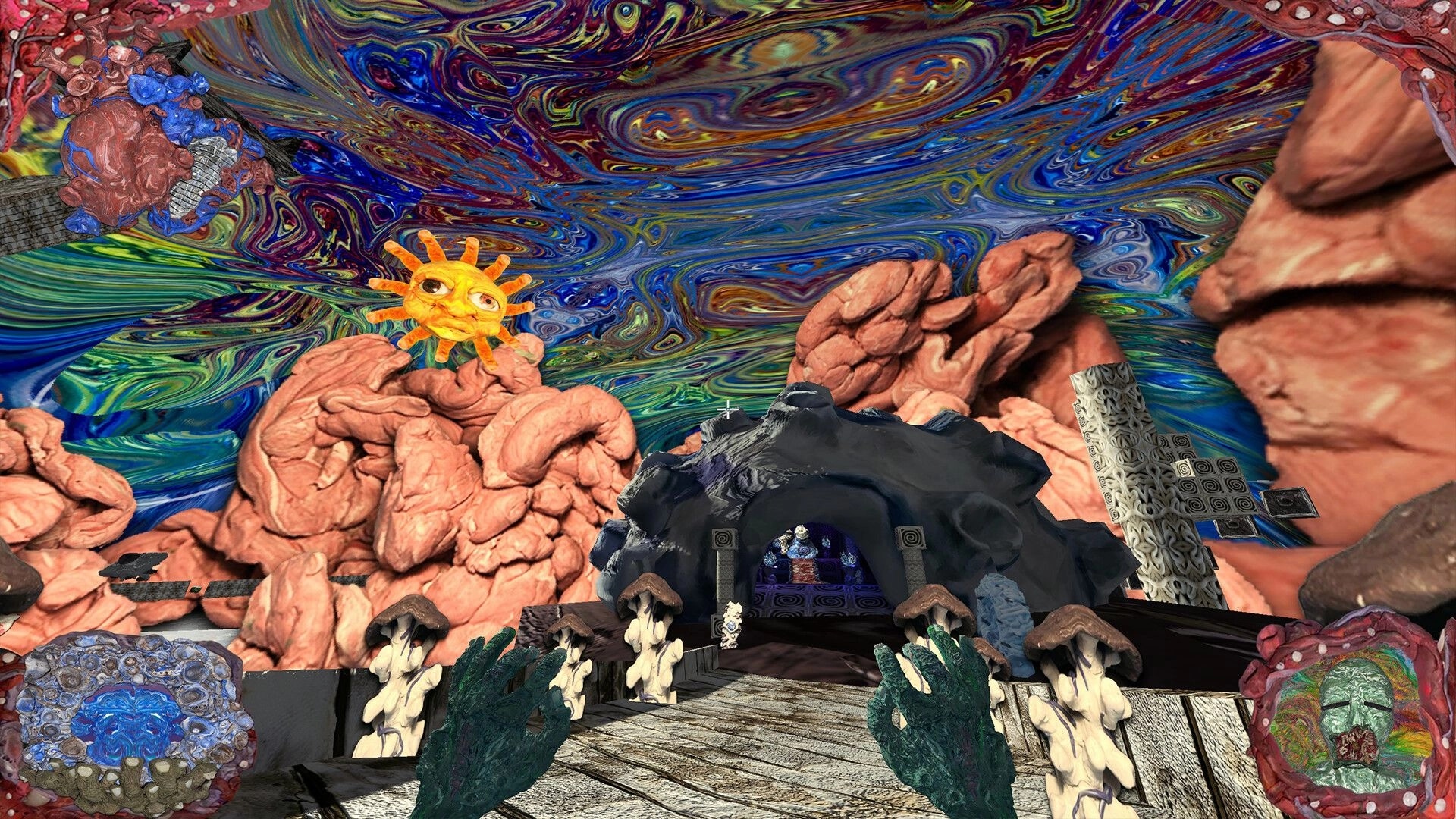 Spectral Map: First-person view facing a cave entrance on a wooden path under swirling sky.