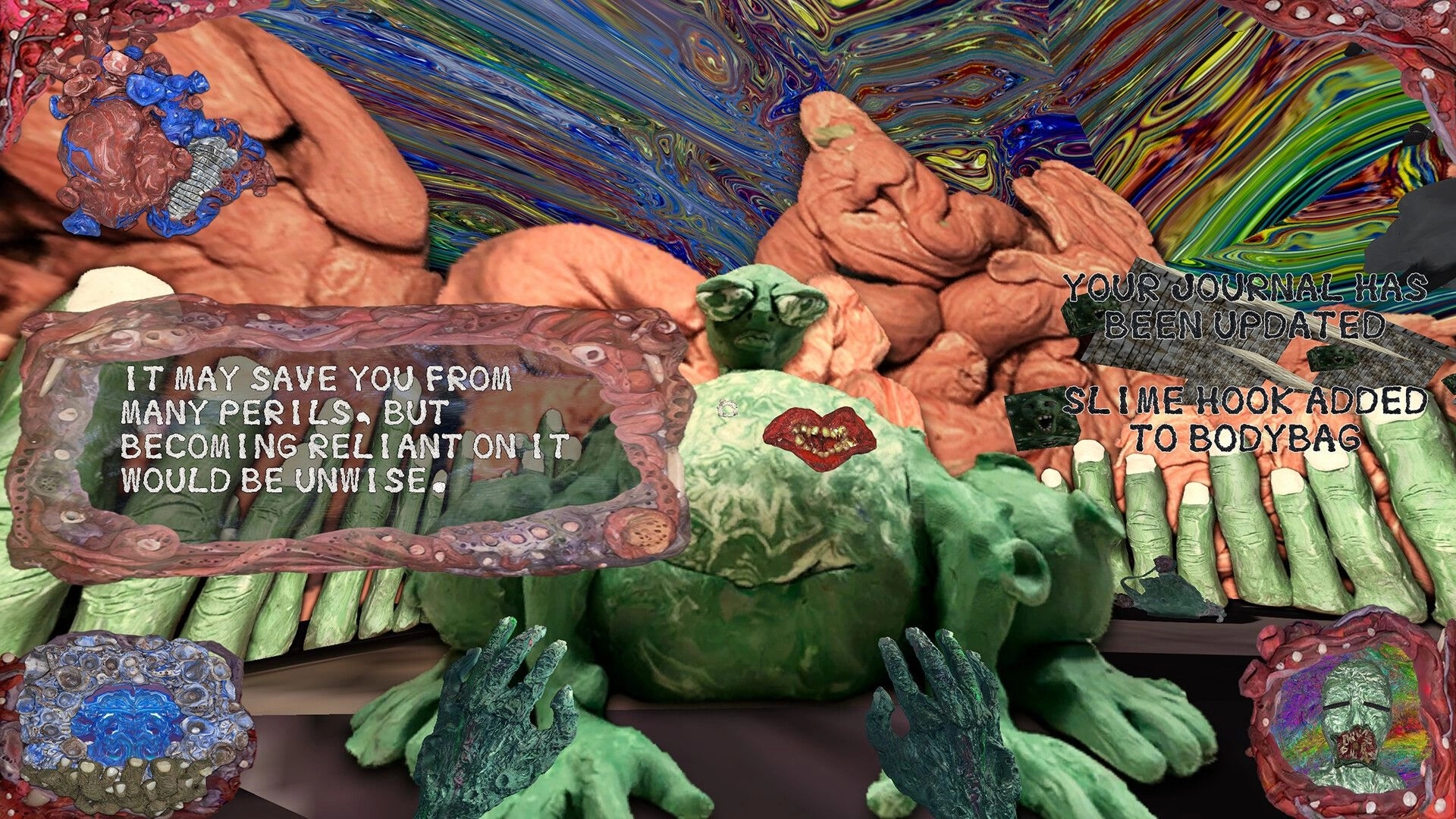 Spectral Map: Journal update text over grotesque green statue in psychedelic cavern with hands UI.
