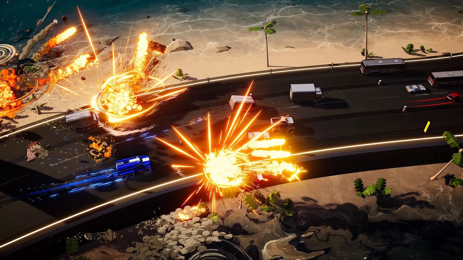 Speed Demons 2: Explosive car crashes on a busy coastal highway with palm trees and ocean waves