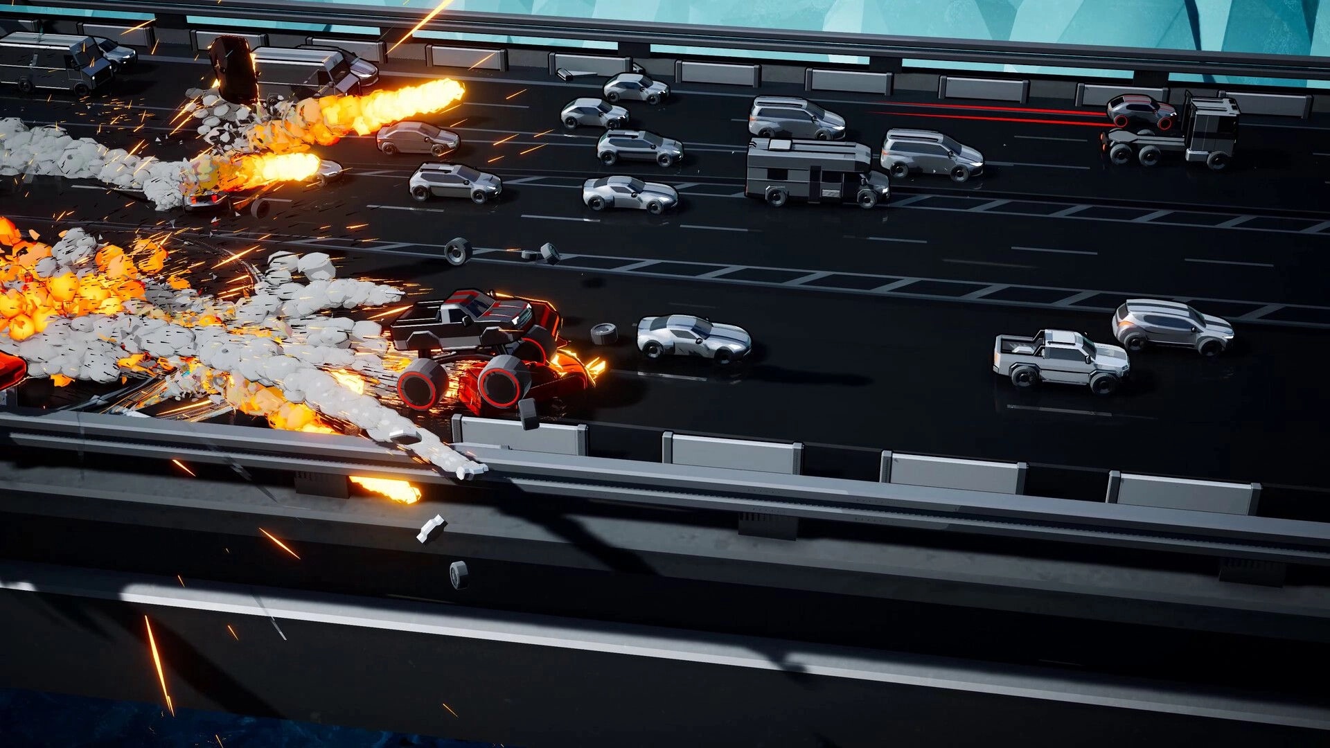 Speed Demons 2: Explosive car crash with fiery debris on a crowded highway bridge during high-speed chase