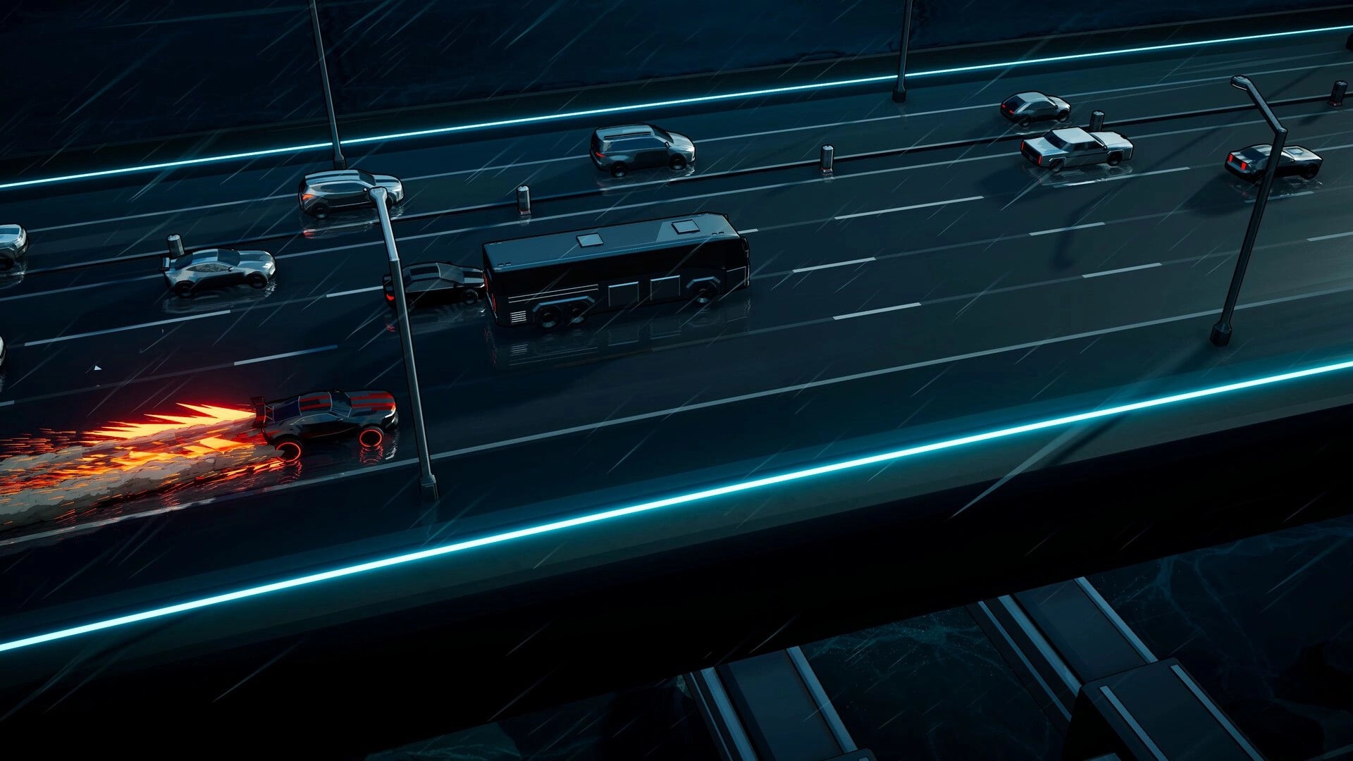 Speed Demons 2: High-speed chase with fiery car weaving through heavy highway traffic at night